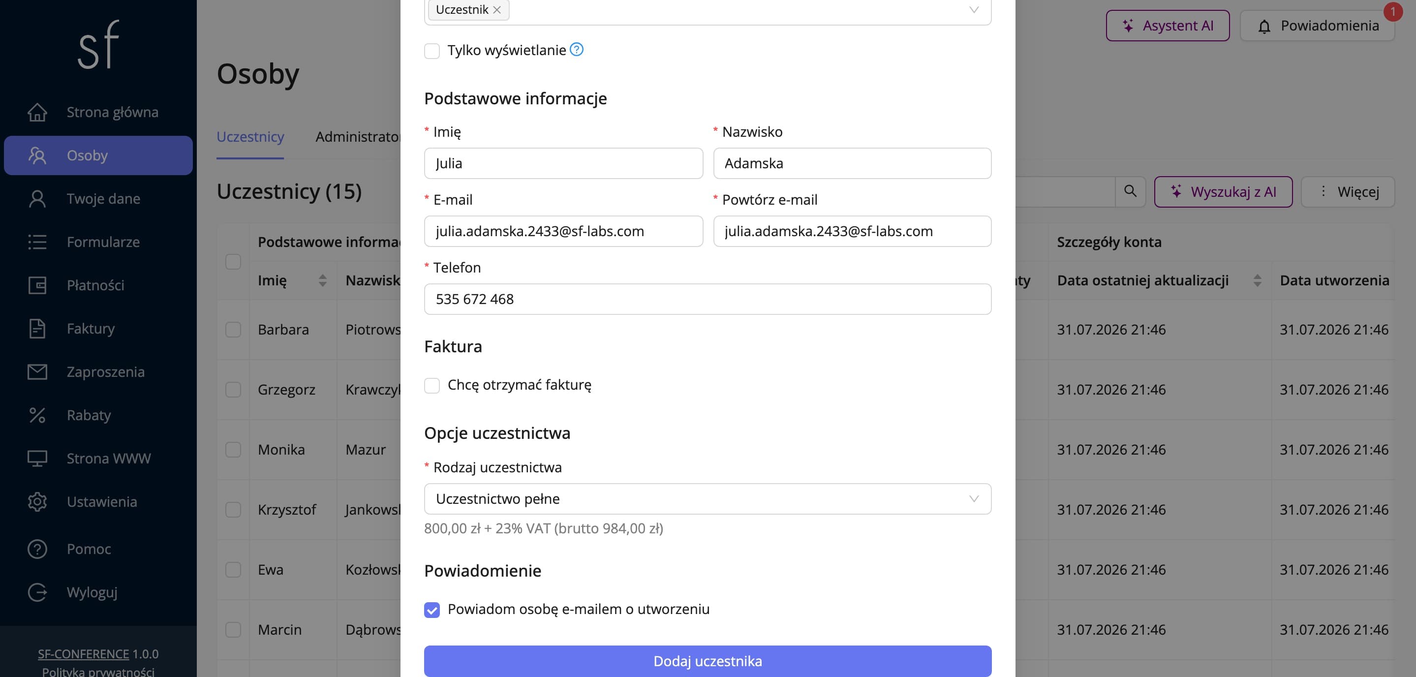 Częściowo wypełniony formularz nowego uczestnika (dane fikcyjne)