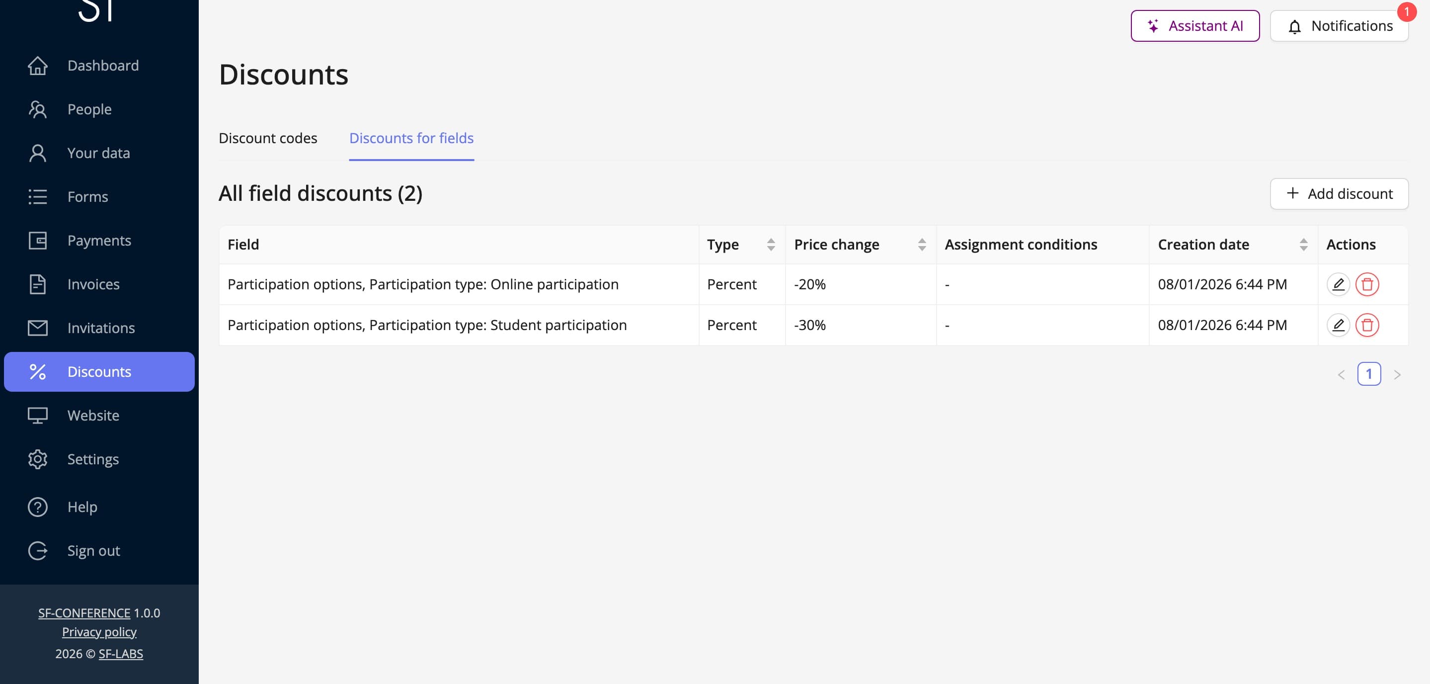 The Discounts for fields tab, with reductions bound to answers (fictional data)