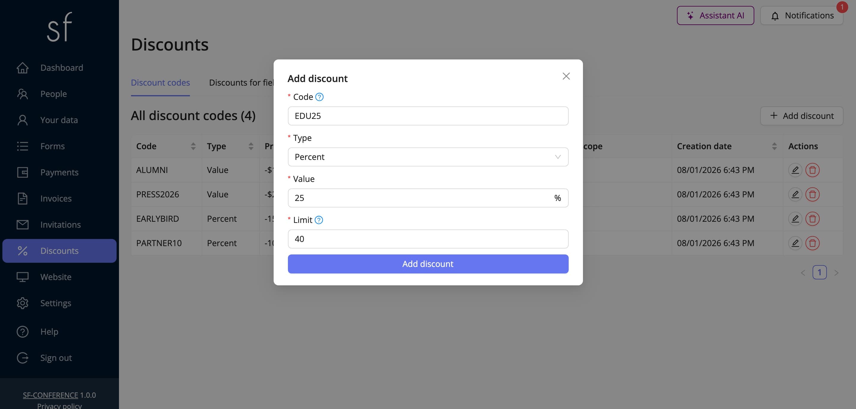 The window for adding a discount code (fictional data)