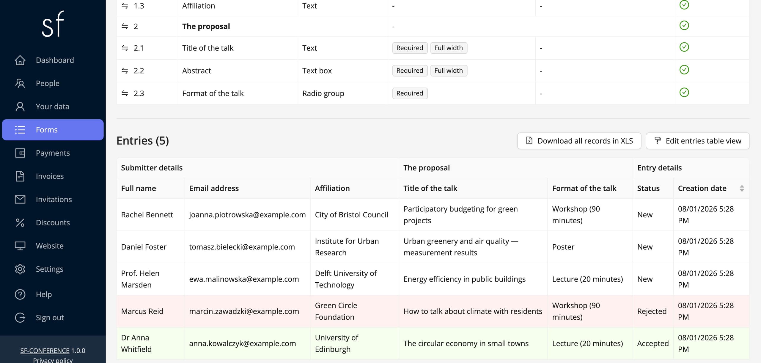 The entries table below the form, with statuses (fictional data)