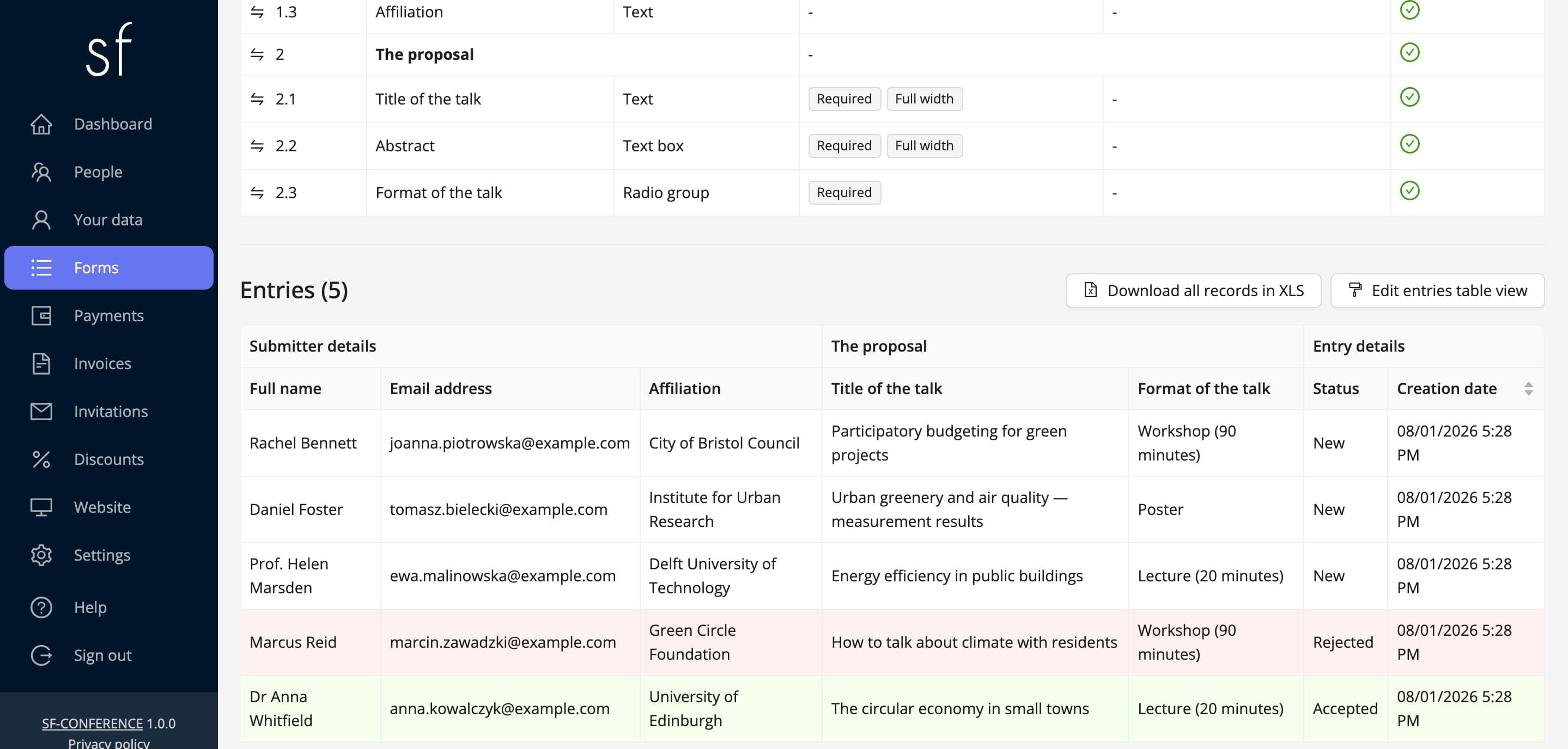 The entries table below the form, with statuses (fictional data)
