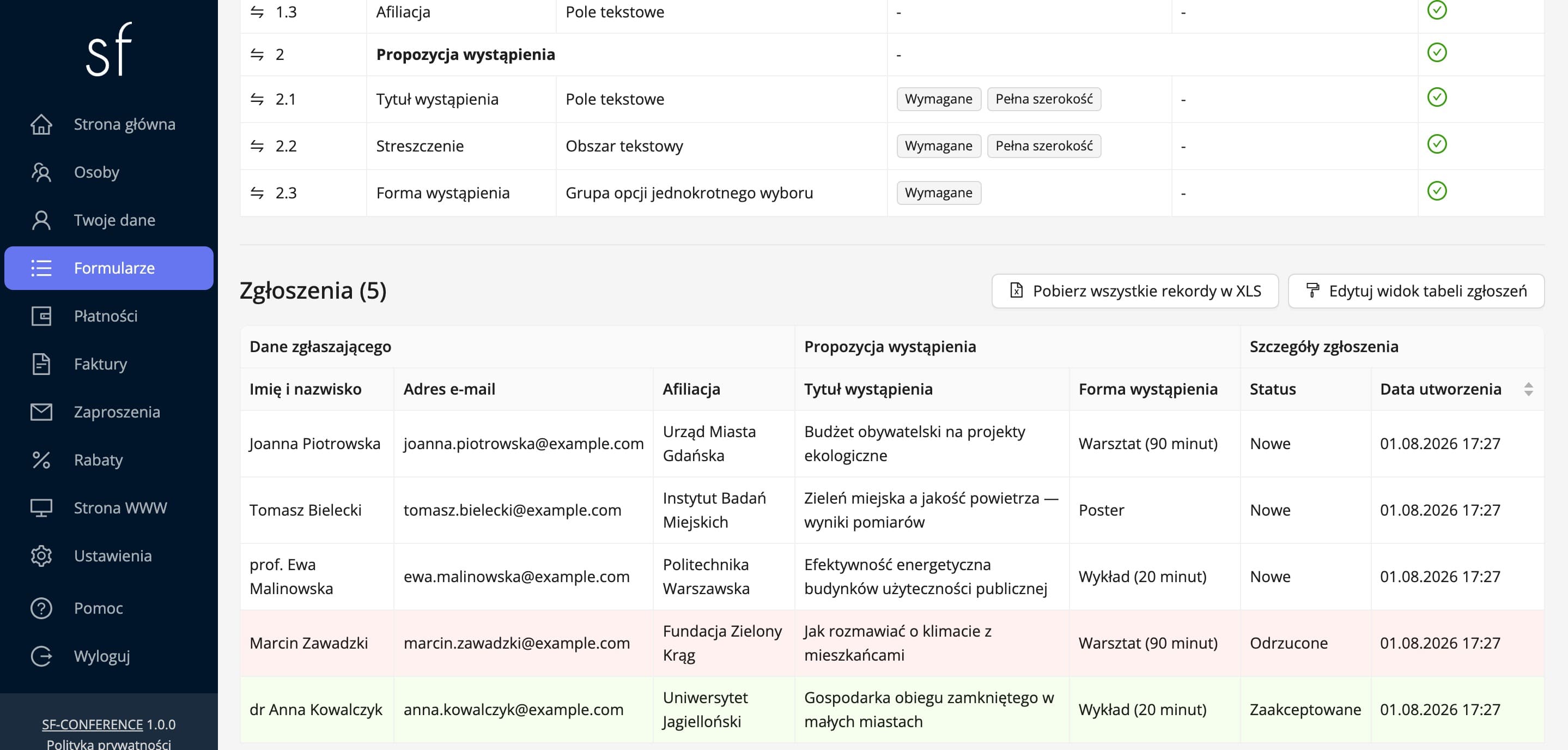 Tabela zgłoszeń pod formularzem, ze statusami (dane fikcyjne)