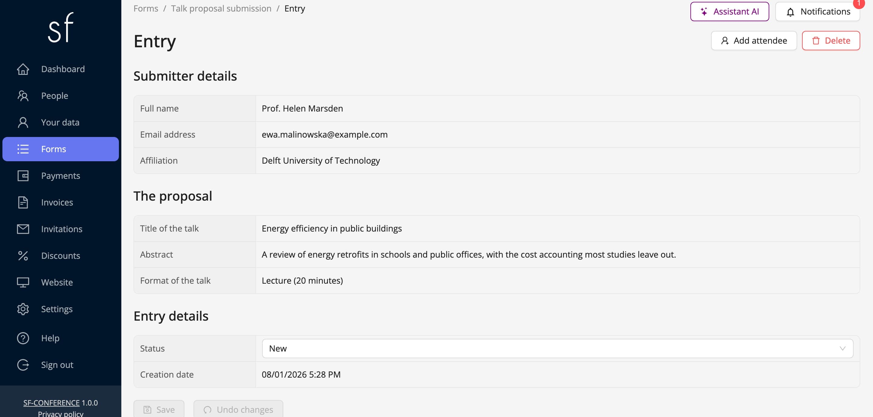 A single entry’s page, with the status waiting to be changed (fictional data)