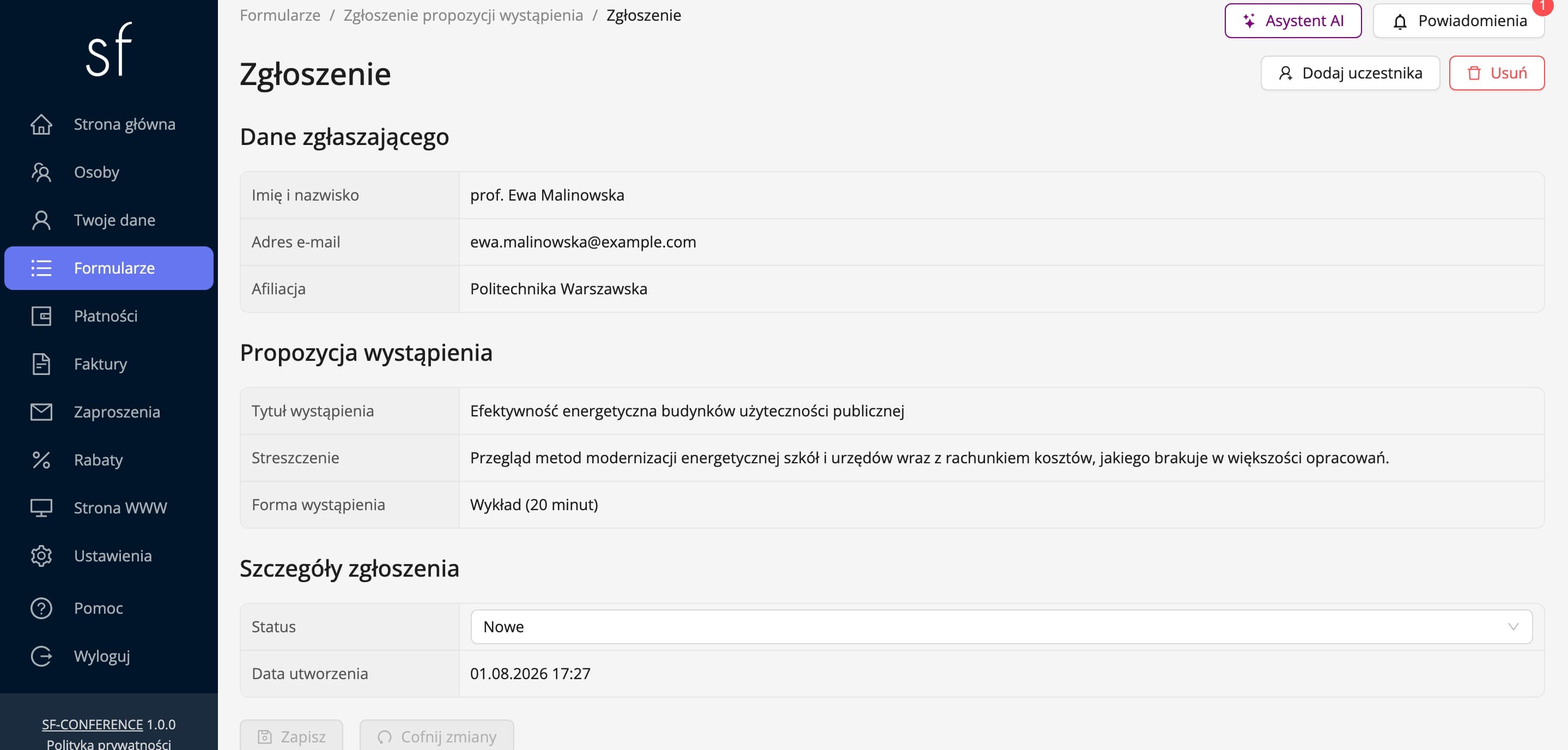 Strona pojedynczego zgłoszenia ze statusem do zmiany (dane fikcyjne)