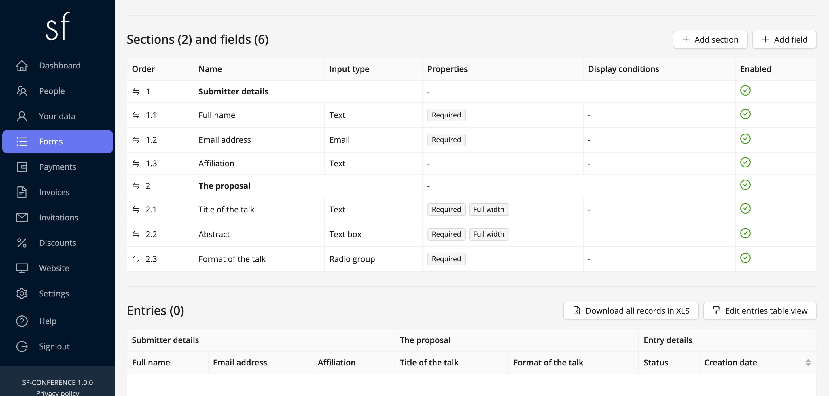 The sections and fields of the submission form (fictional data)