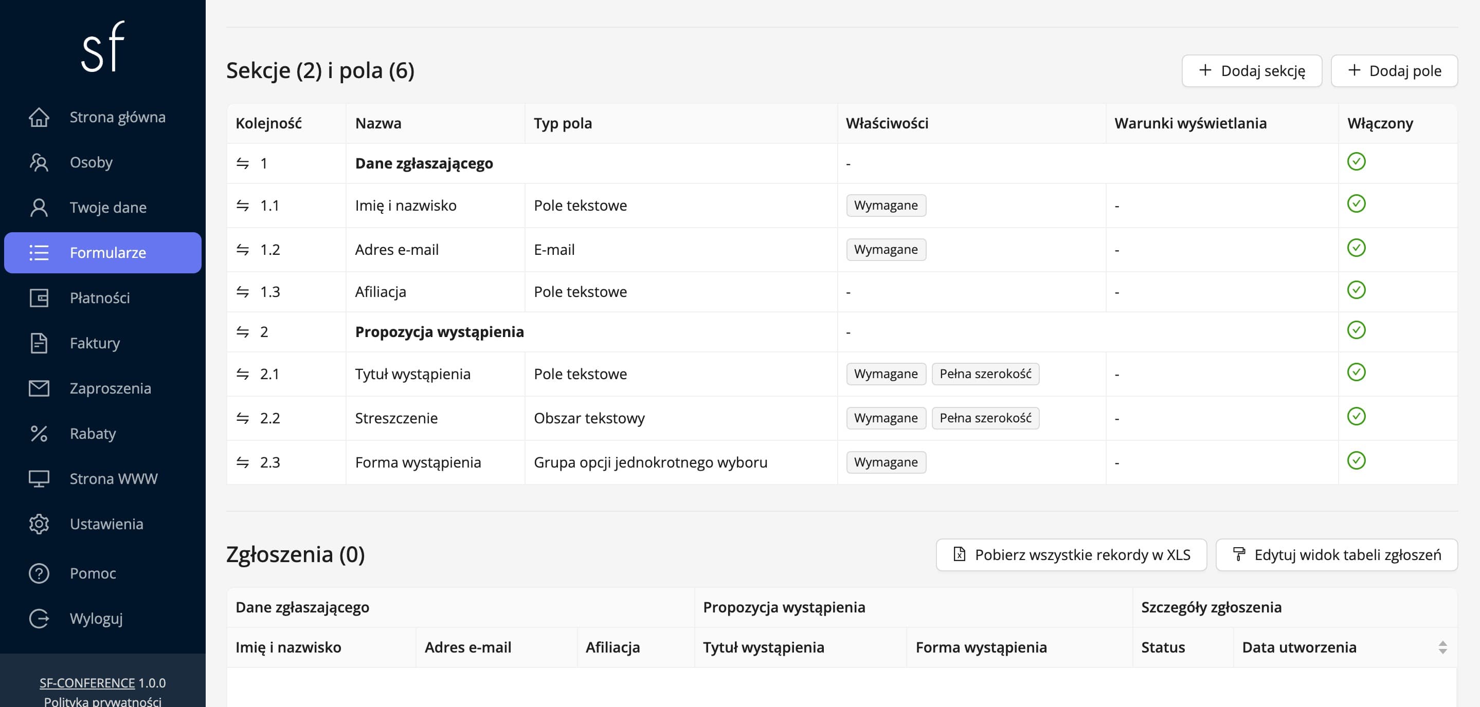 Sekcje i pola formularza zgłoszeniowego (dane fikcyjne)
