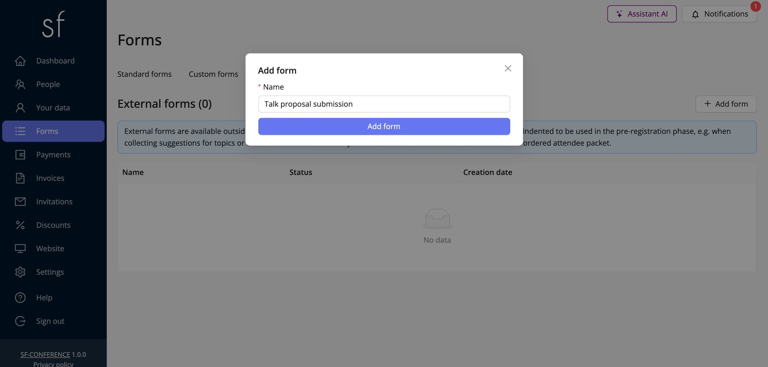 The window for adding a new external form (fictional data)