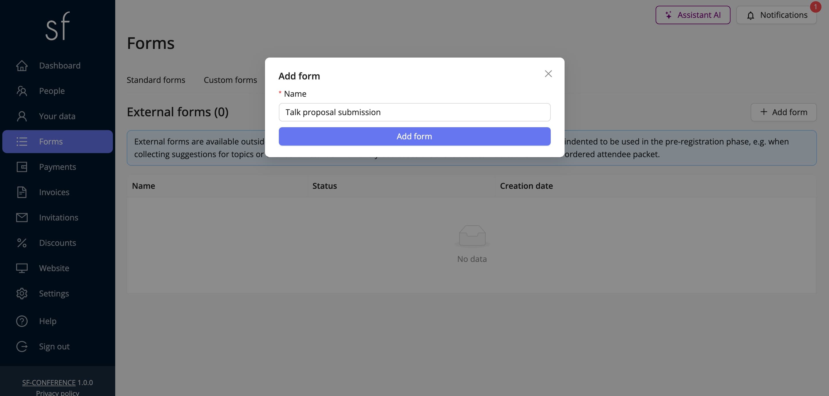 The window for adding a new external form (fictional data)