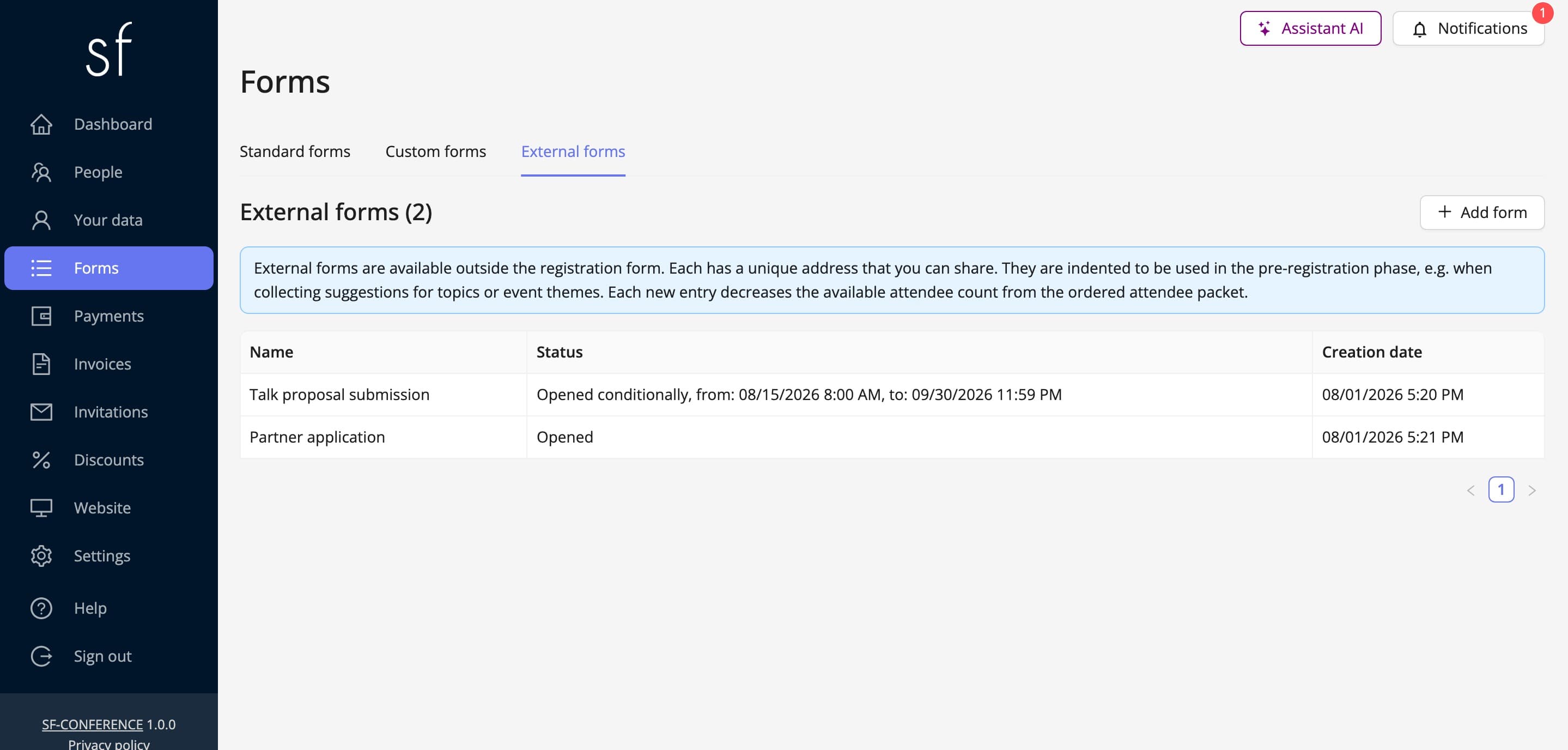 The External forms tab with the list of forms (fictional data)