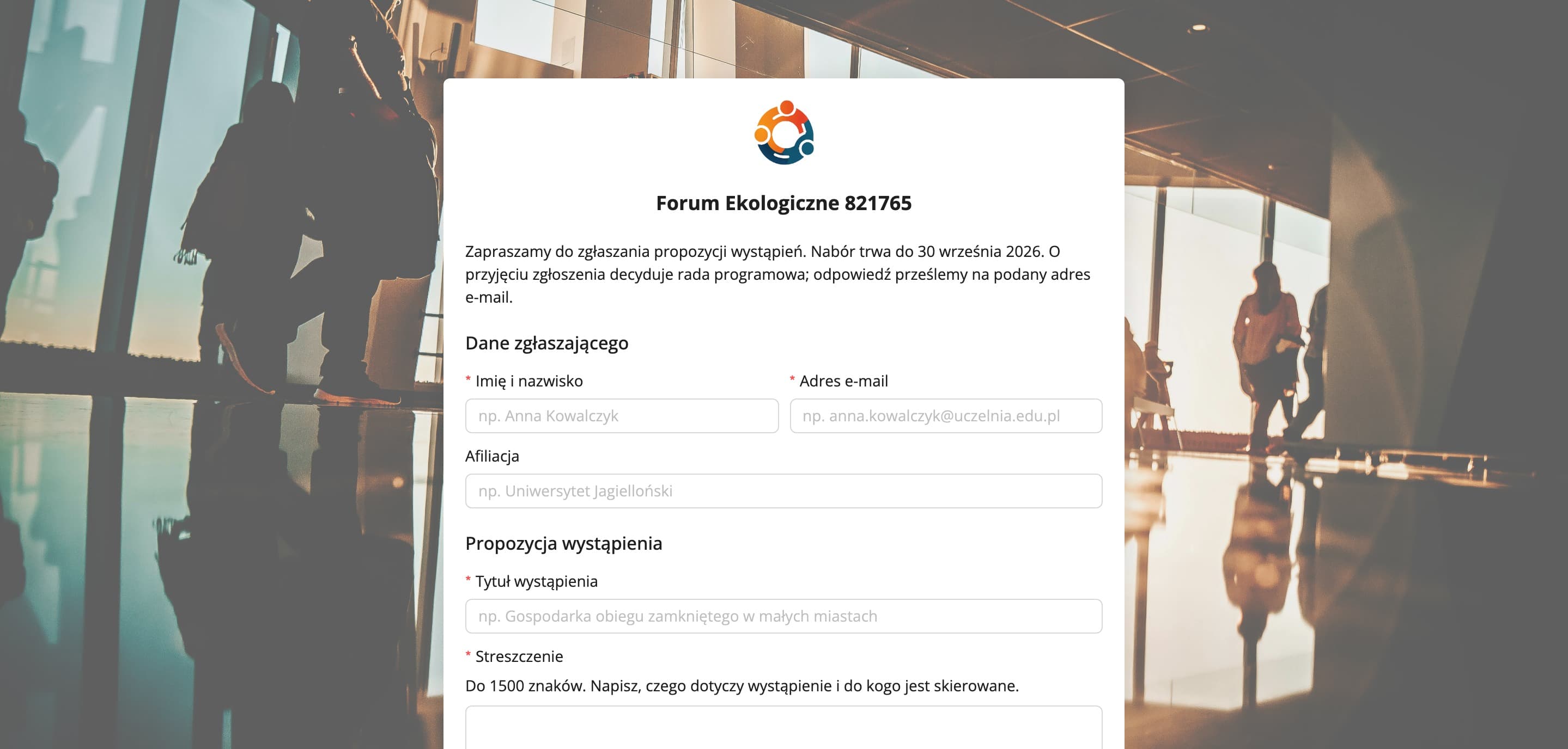 Formularz pod własnym adresem, widziany przez zgłaszającego (dane fikcyjne)