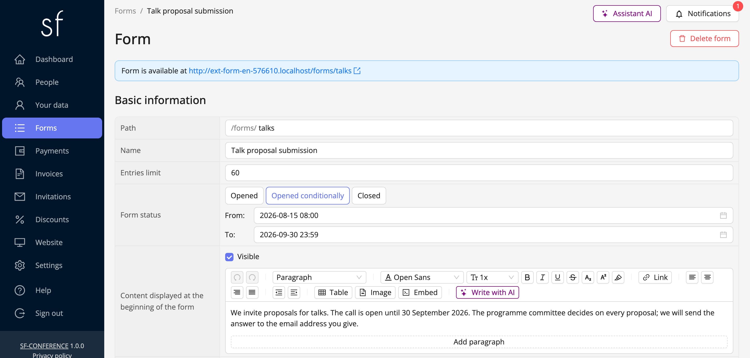 The form’s address, path, limit and the deadline of the call (fictional data)