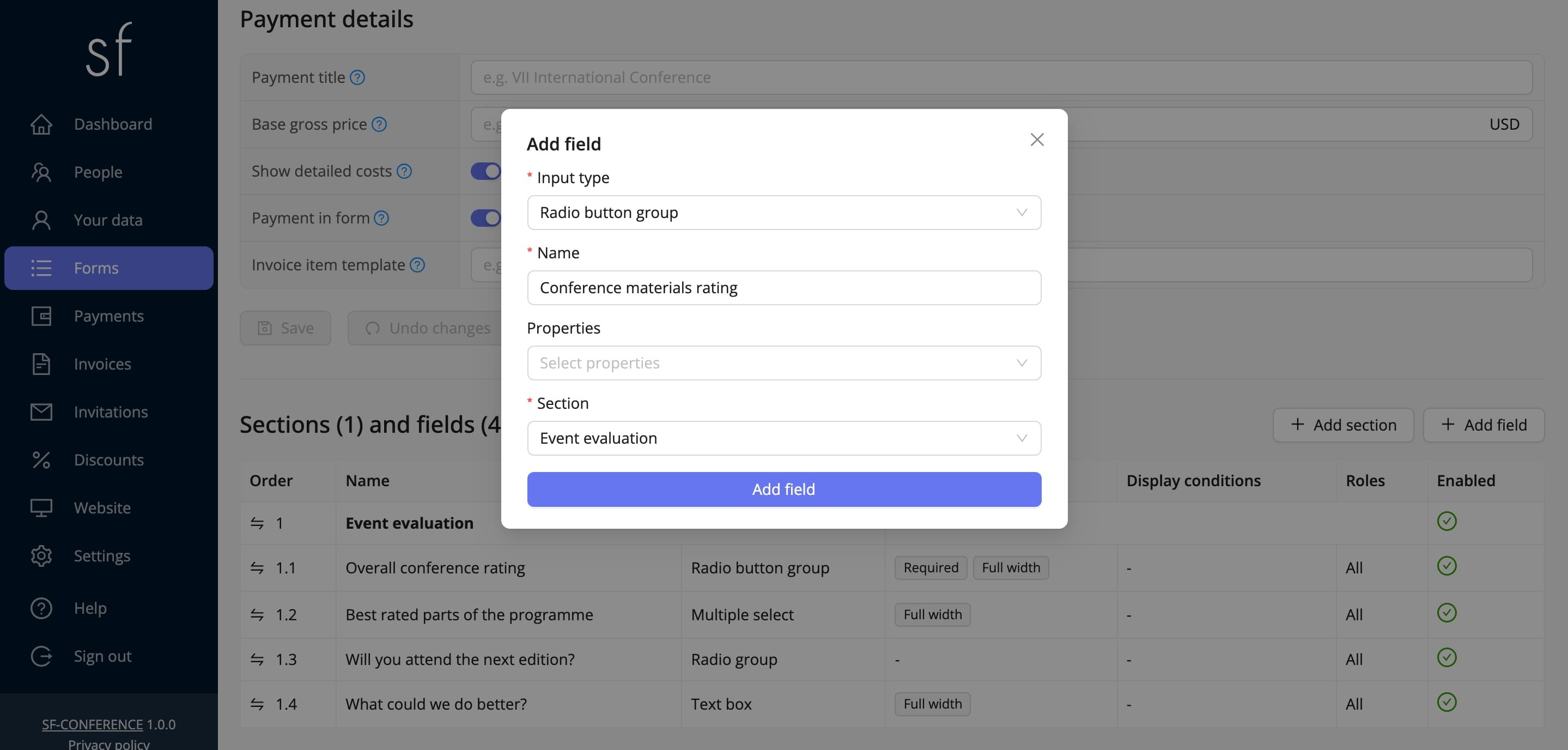 The window for adding a question to the survey (fictional data)