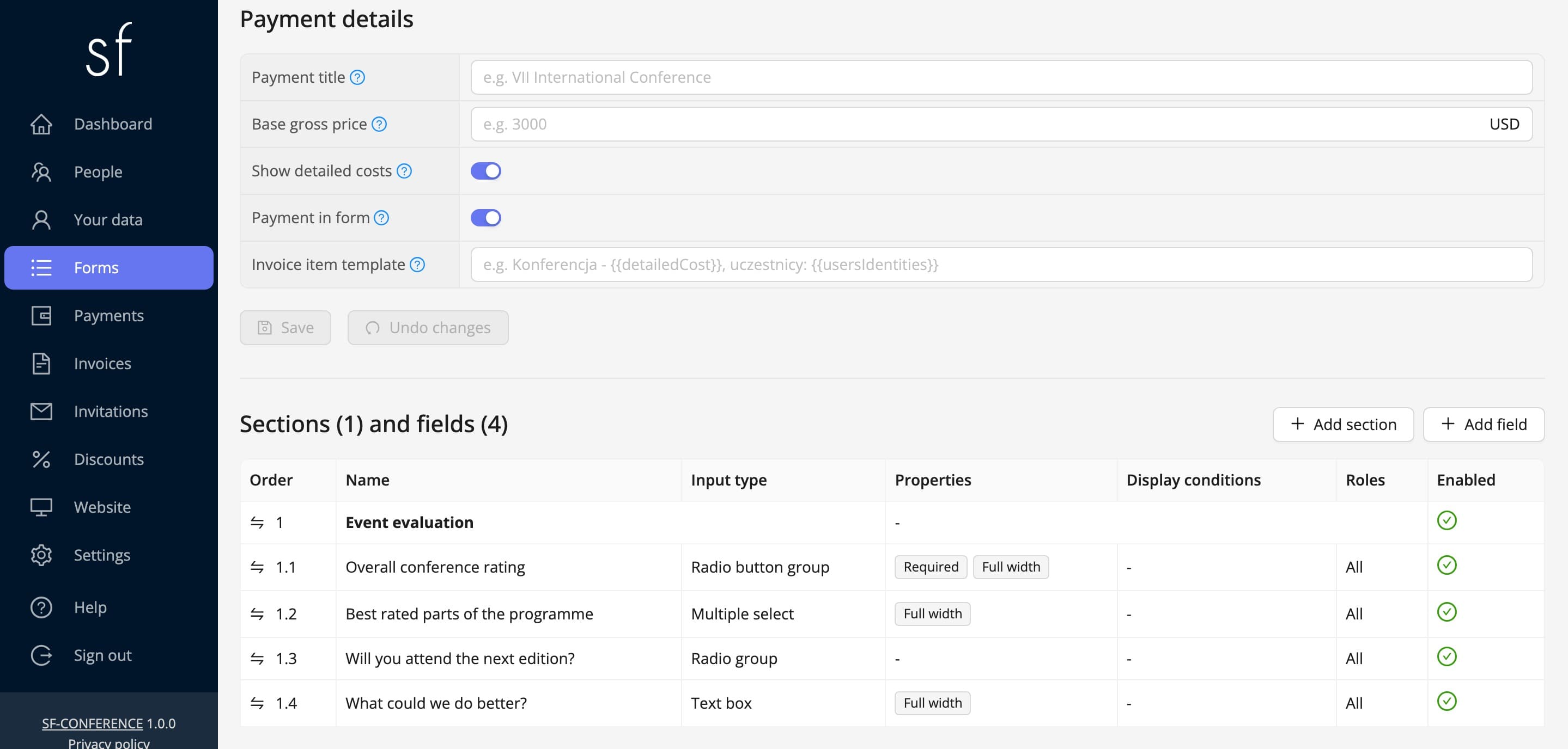 The sections and fields table of a finished survey (fictional data)