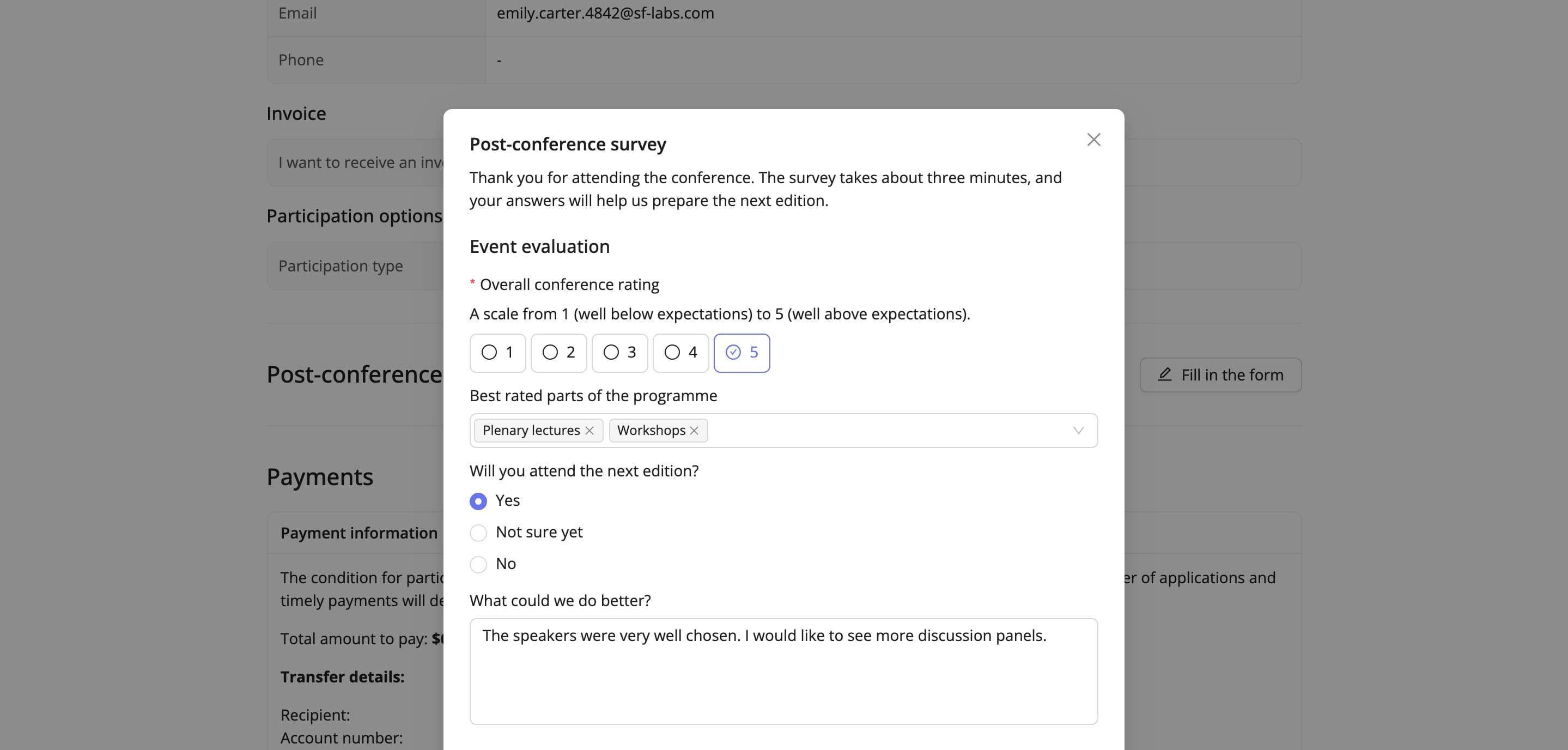 The window an attendee fills the survey in (fictional data)