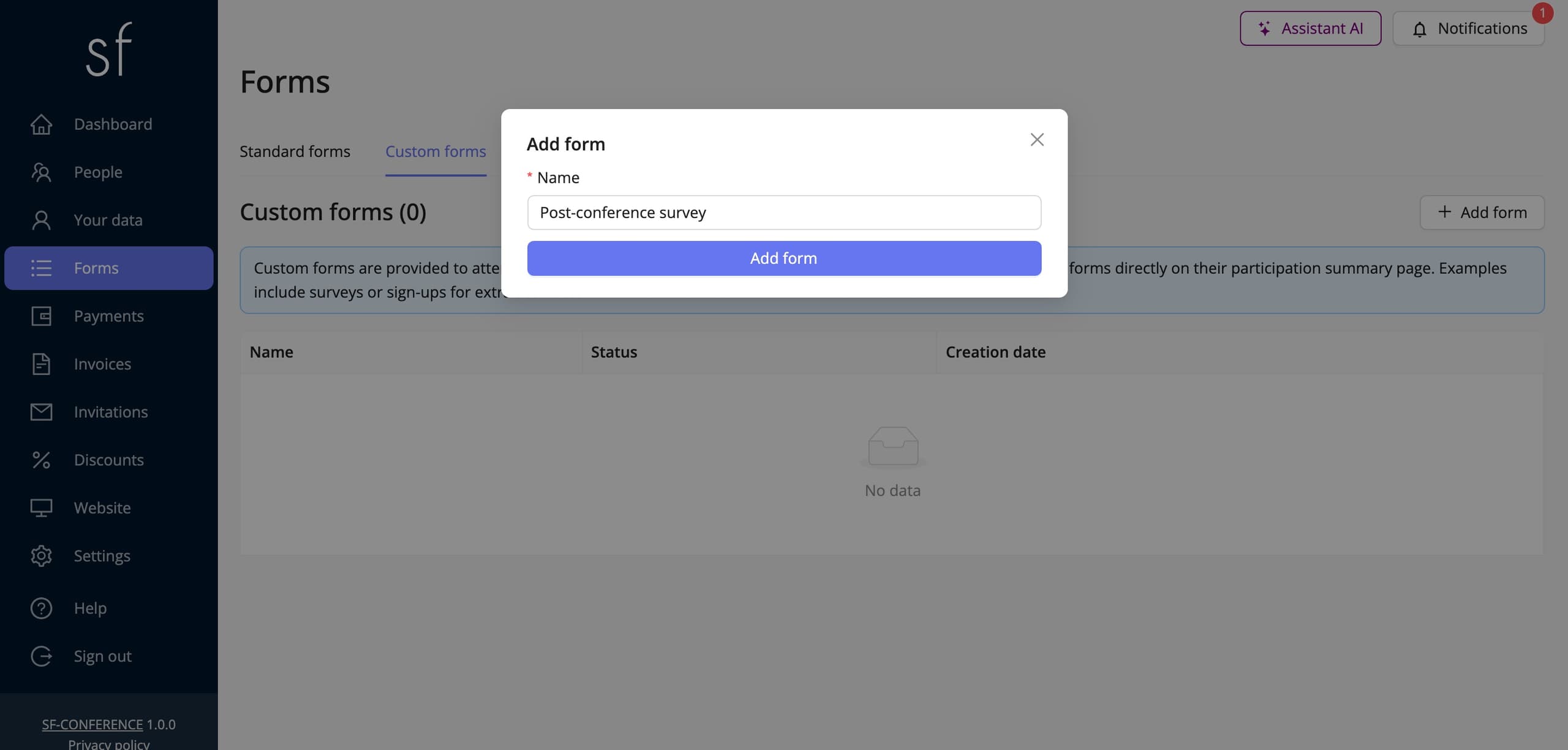 The window for adding a new custom form (fictional data)