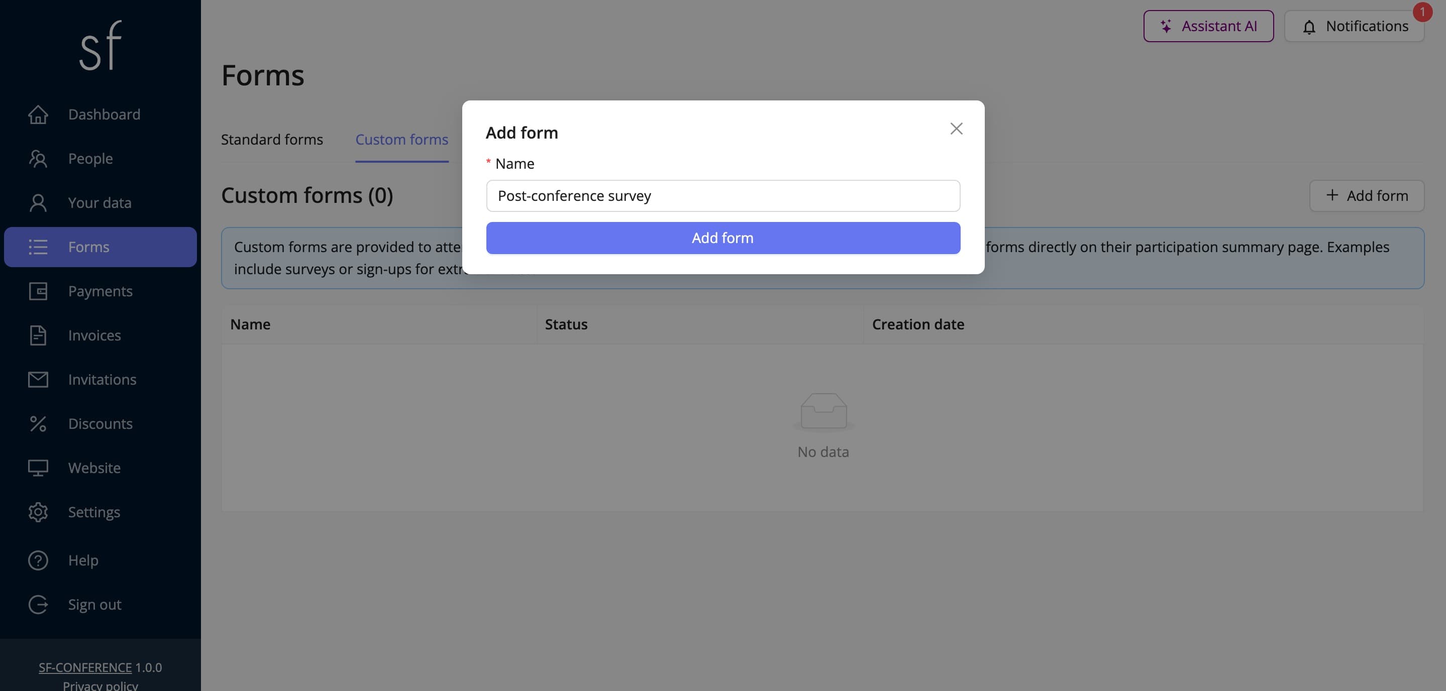 The window for adding a new custom form (fictional data)