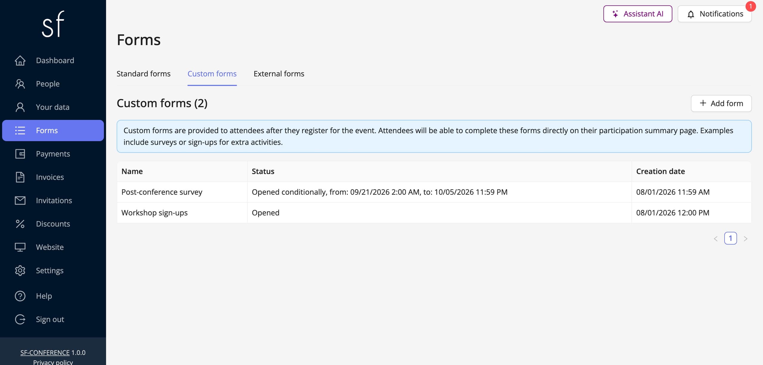 The Custom forms tab with a list of surveys (fictional data)