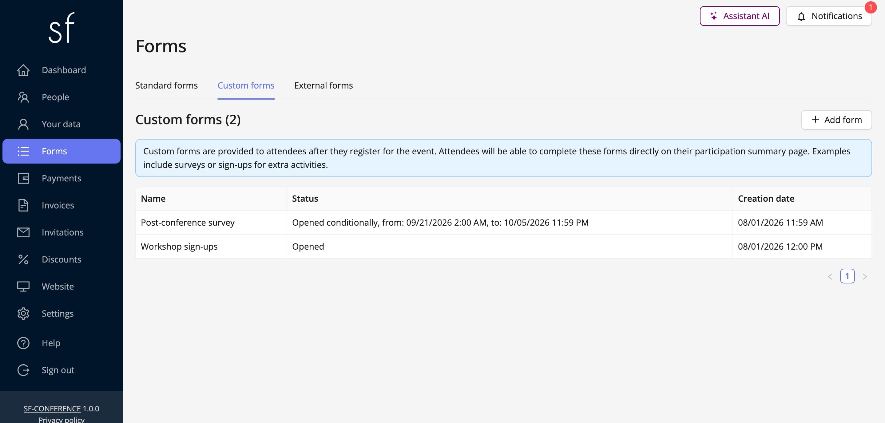 The Custom forms tab with a list of surveys (fictional data)