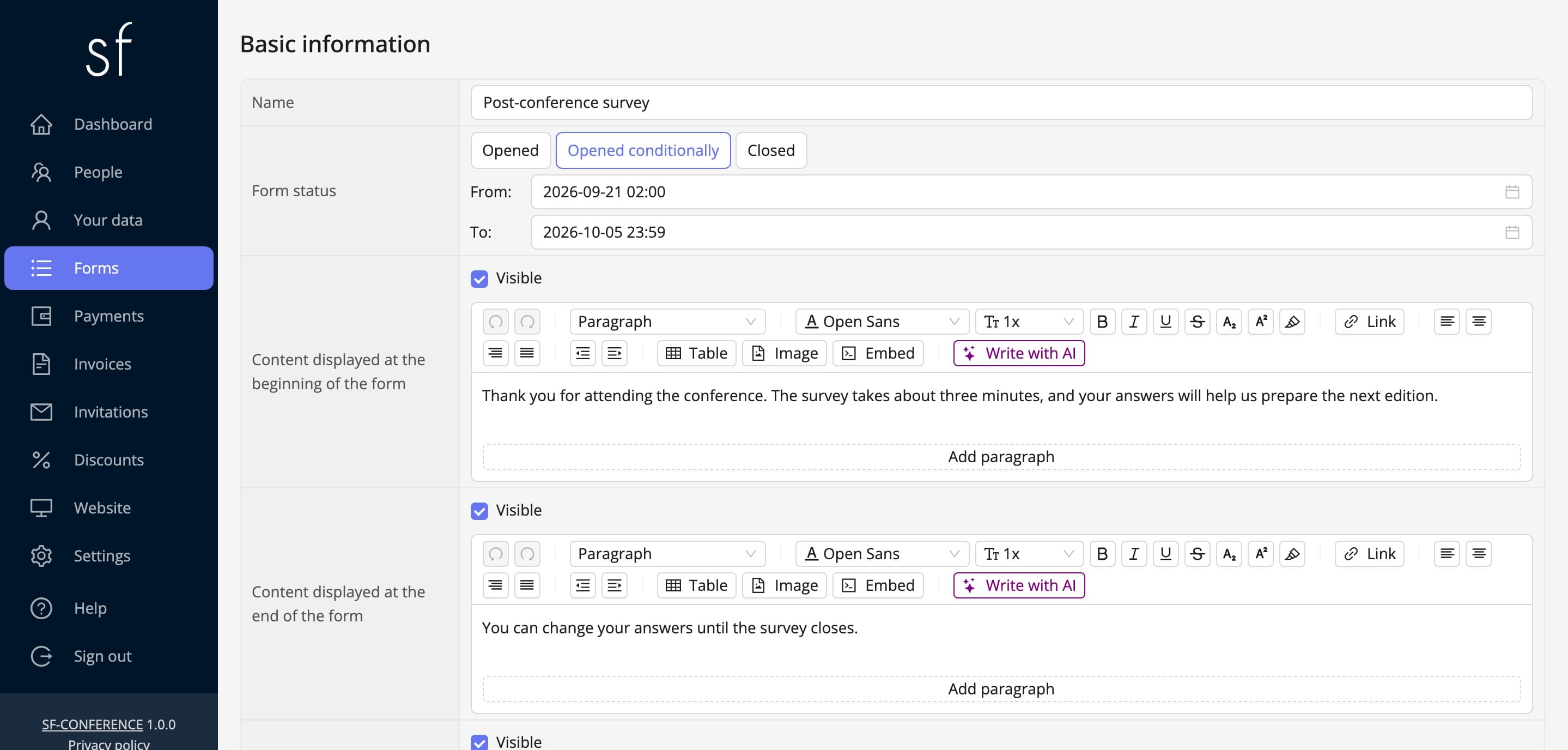 Survey settings: status, availability window and content (fictional data)