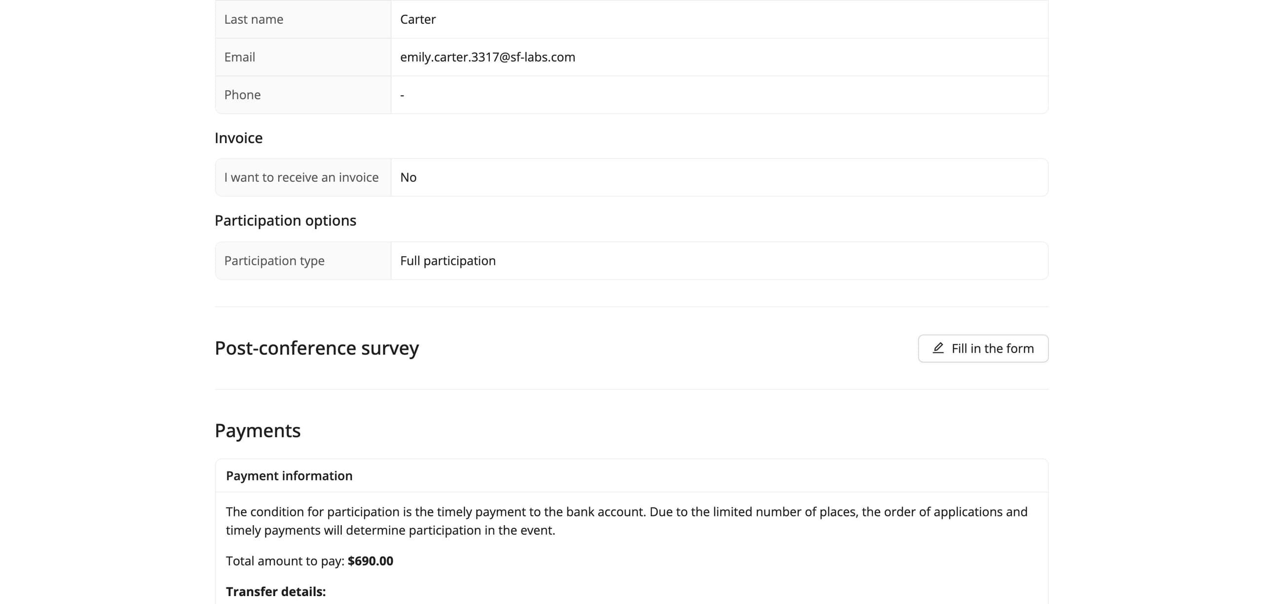 The survey on the participation summary page (fictional data)