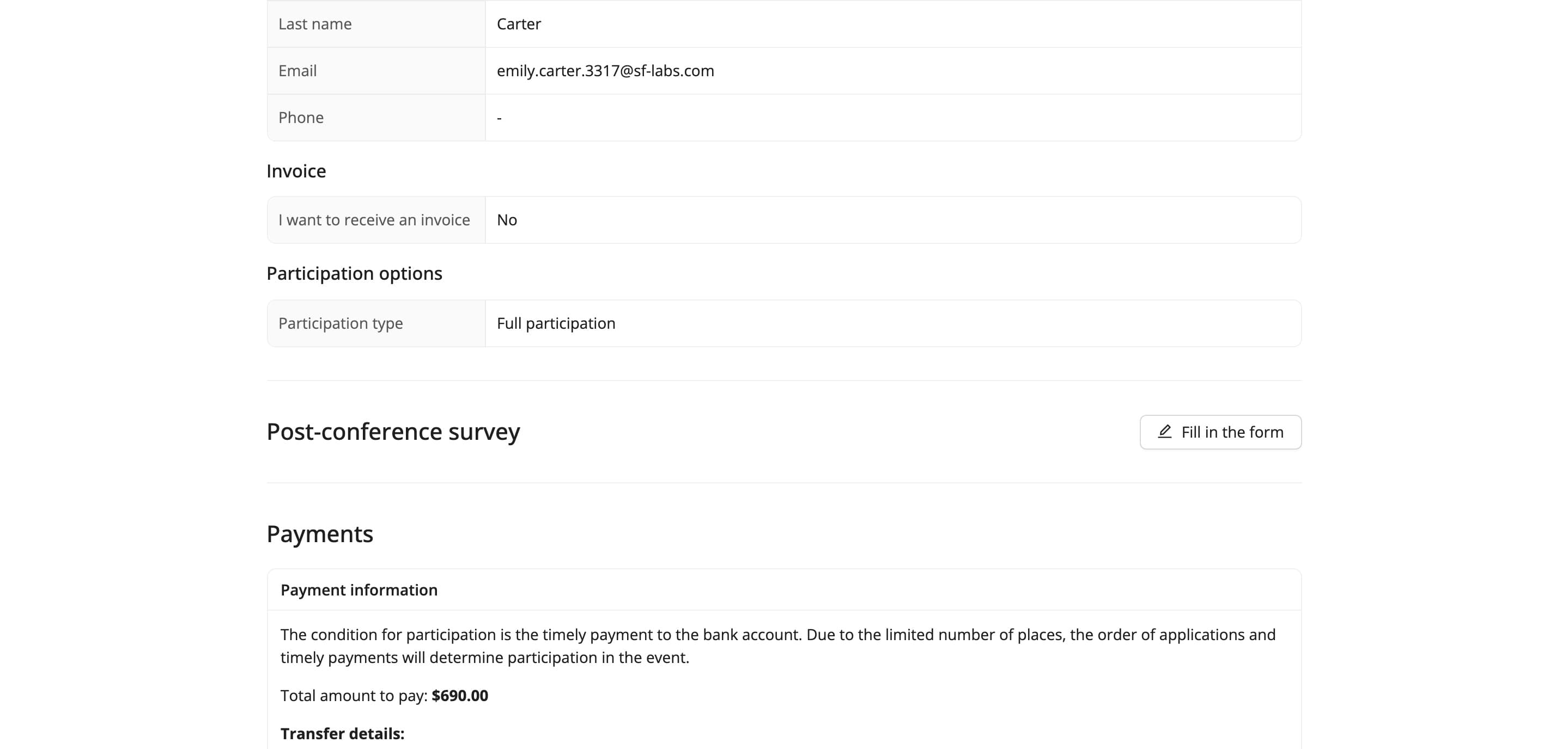 The survey on the participation summary page (fictional data)