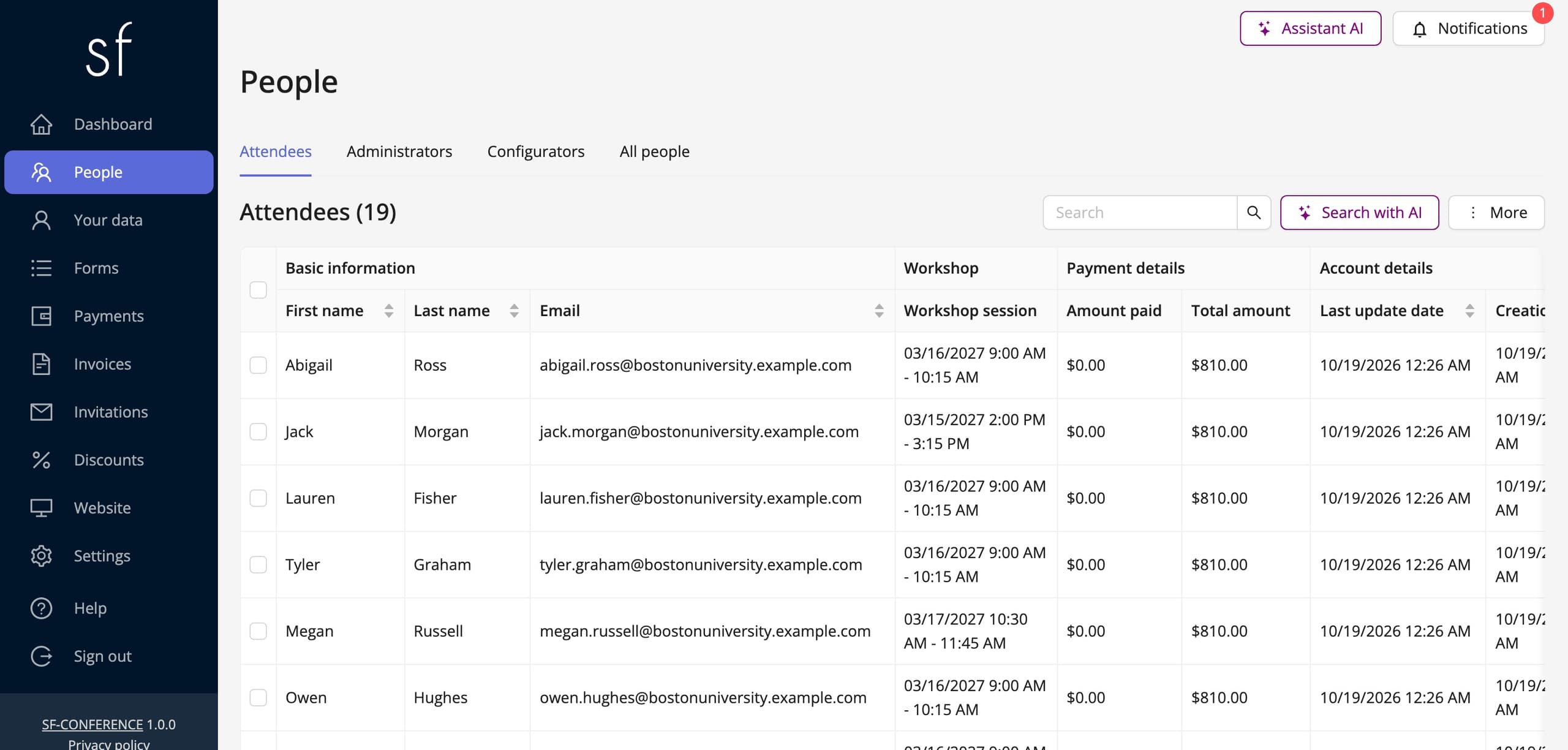 Workshop slots as a column in the people table (sample data)