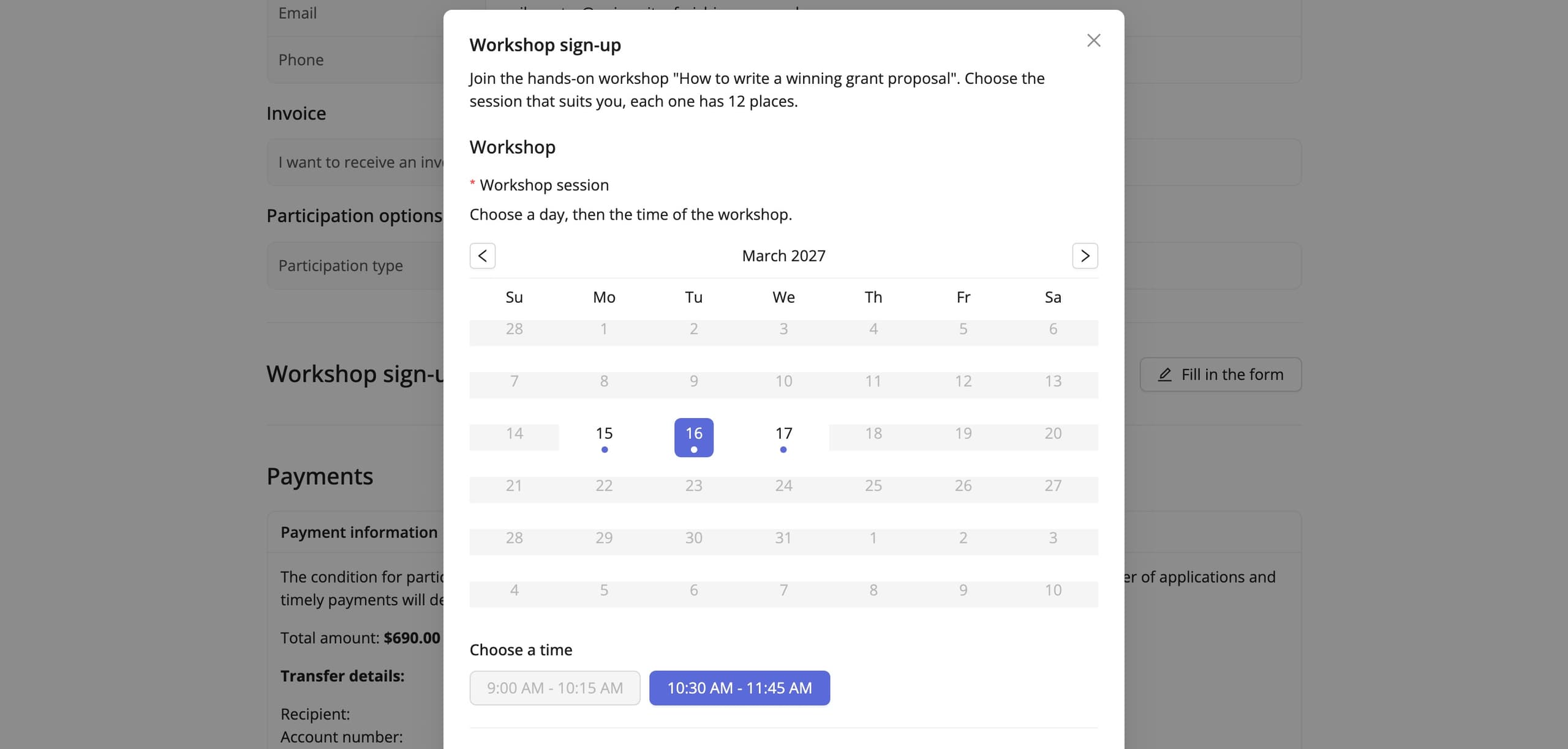 Choosing a workshop slot in the calendar (sample data)