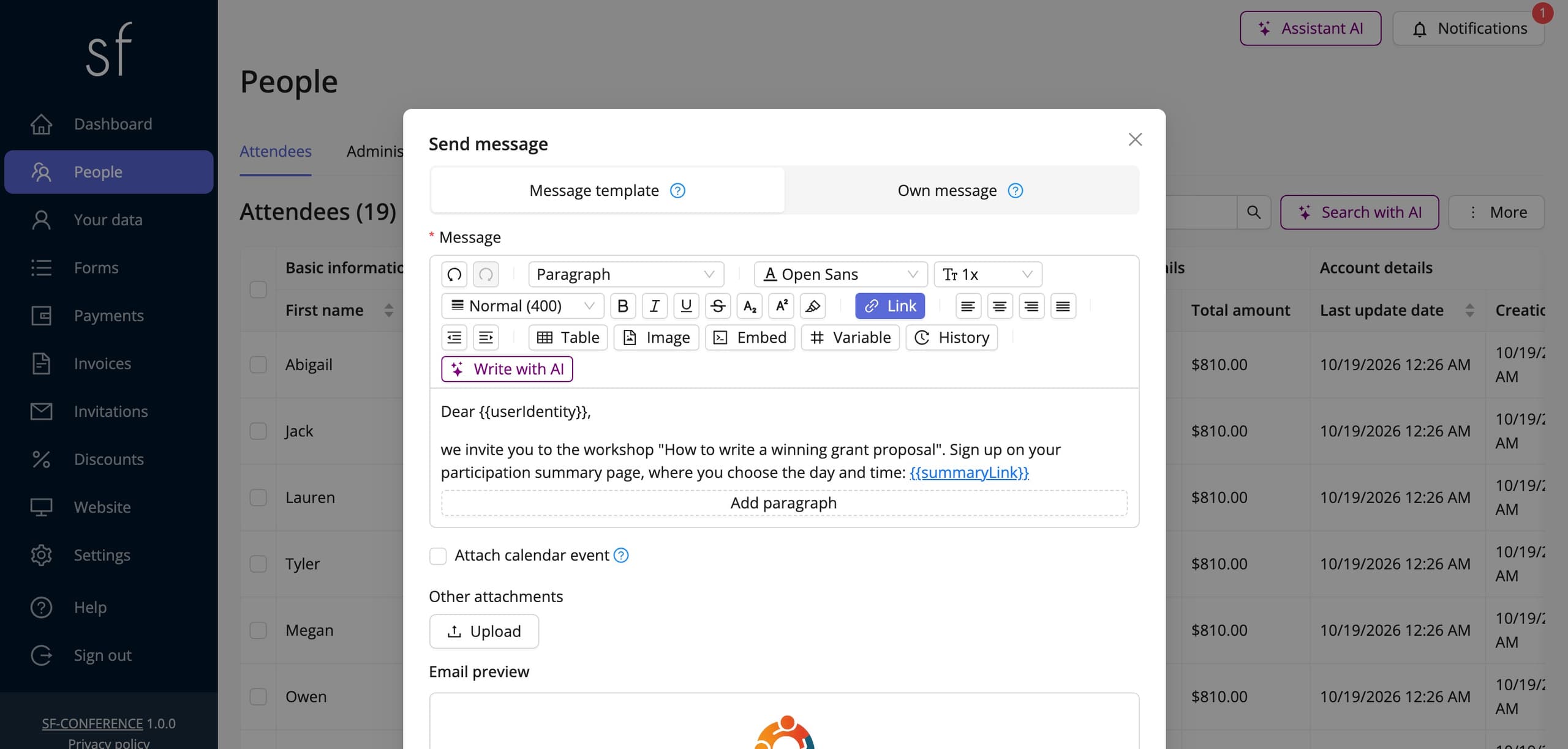 A message with the participation summary link (sample data)