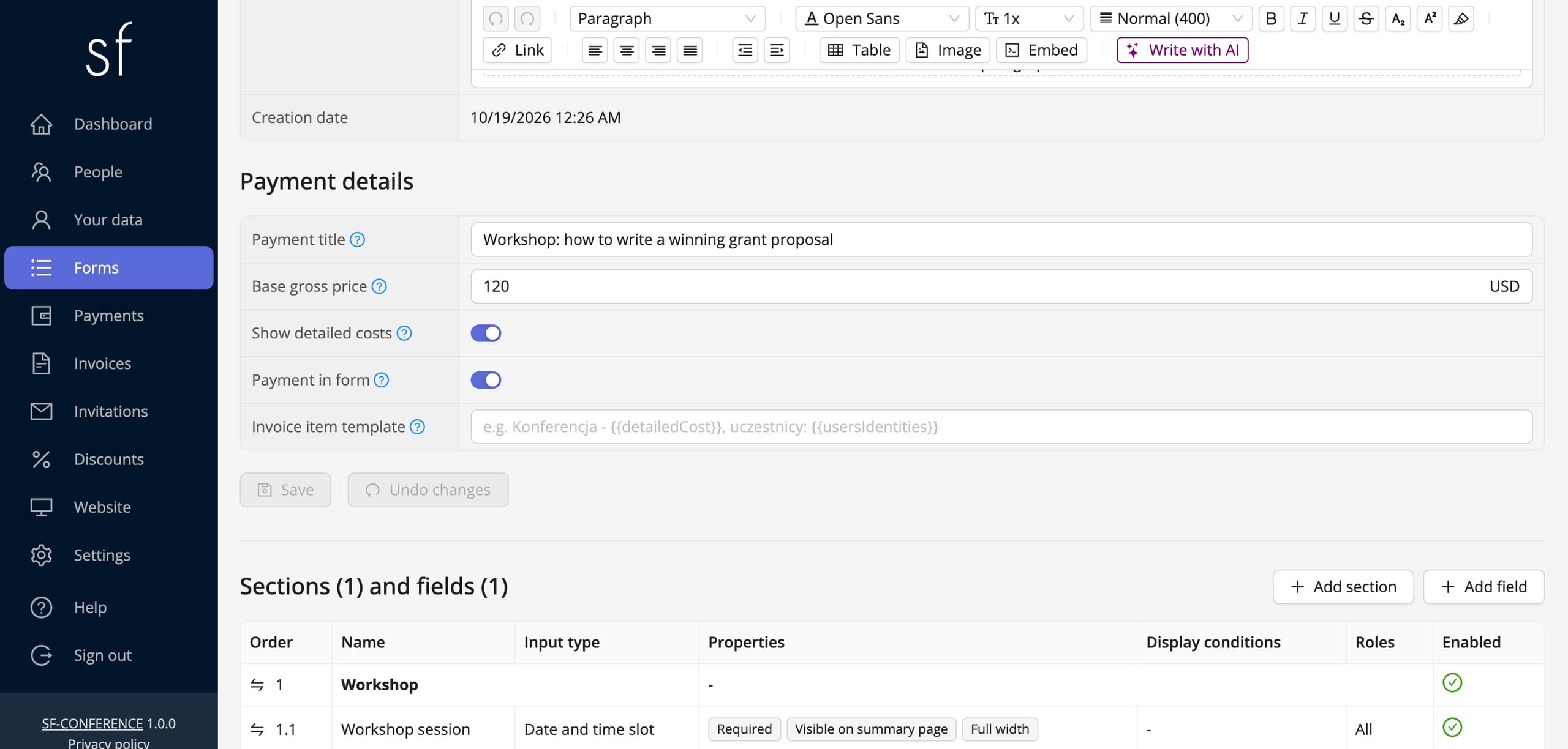 The payment details of the sign-up form (sample data)