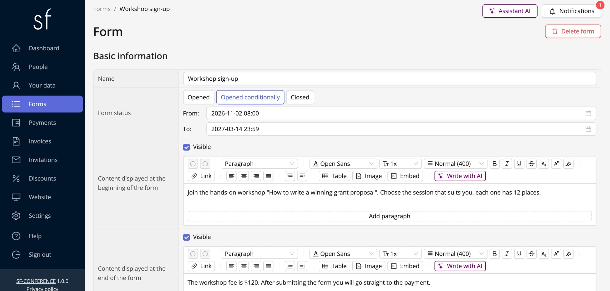 The sign-up form status and the window in which people can sign up (sample data)