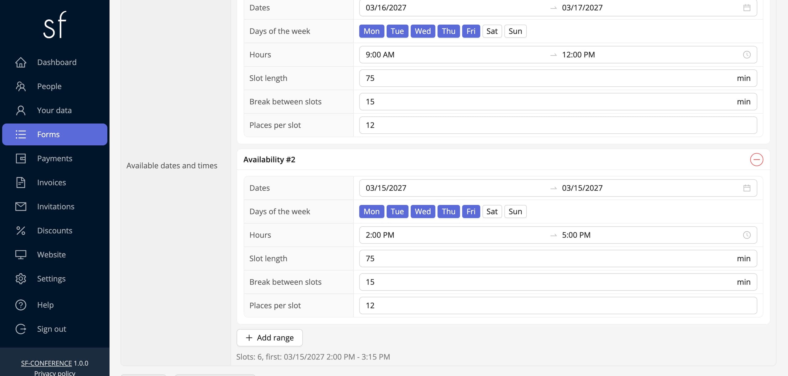 A workshop schedule in a Date and time slot field (sample data)