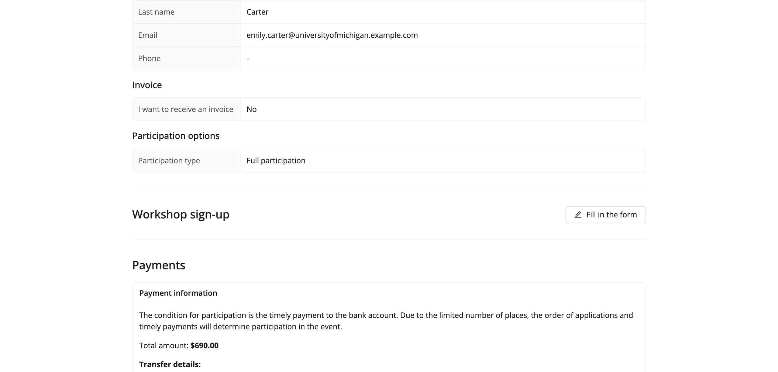 Workshop sign-up on the participation summary page (sample data)