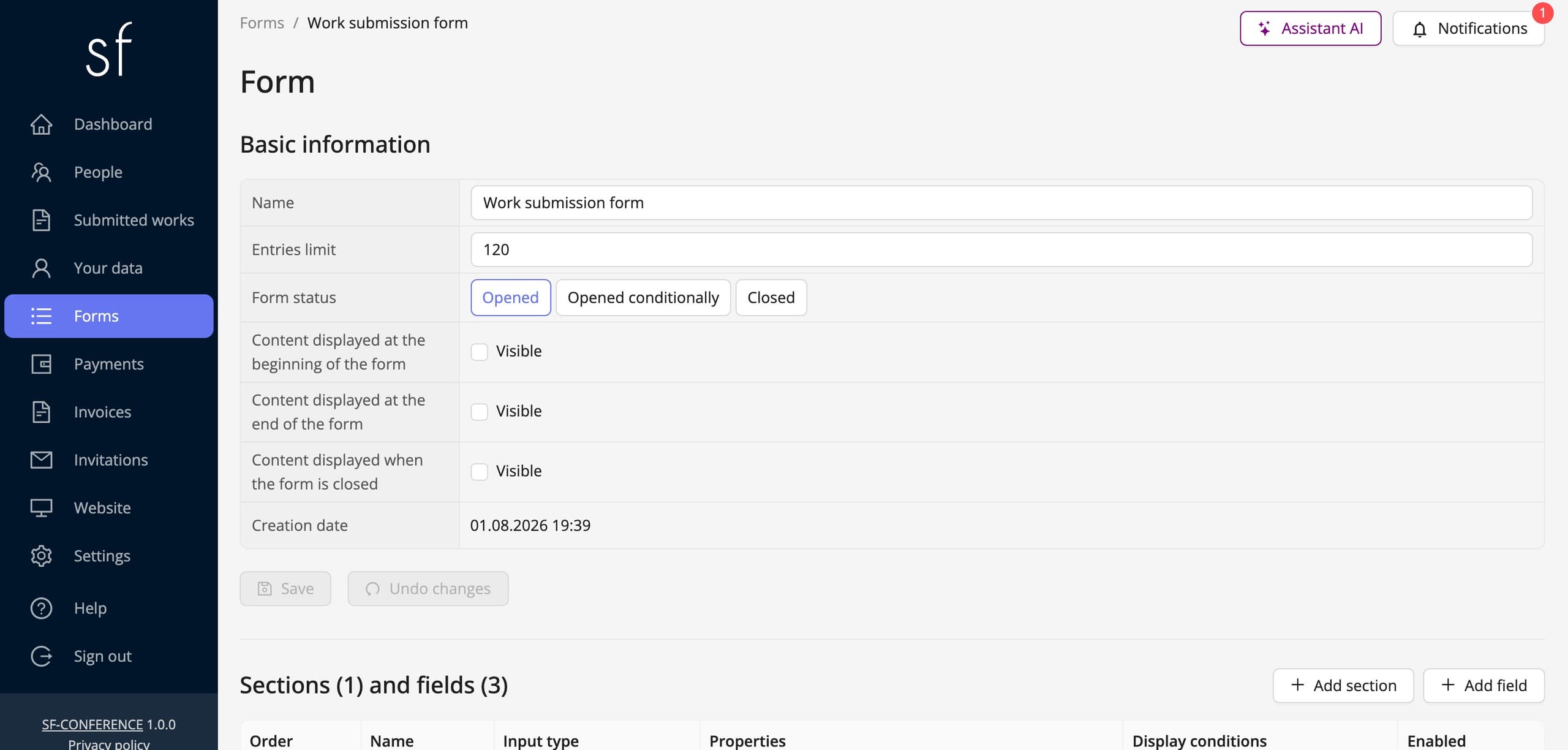 The paper submission form, its fields and the deadline (fictional data)