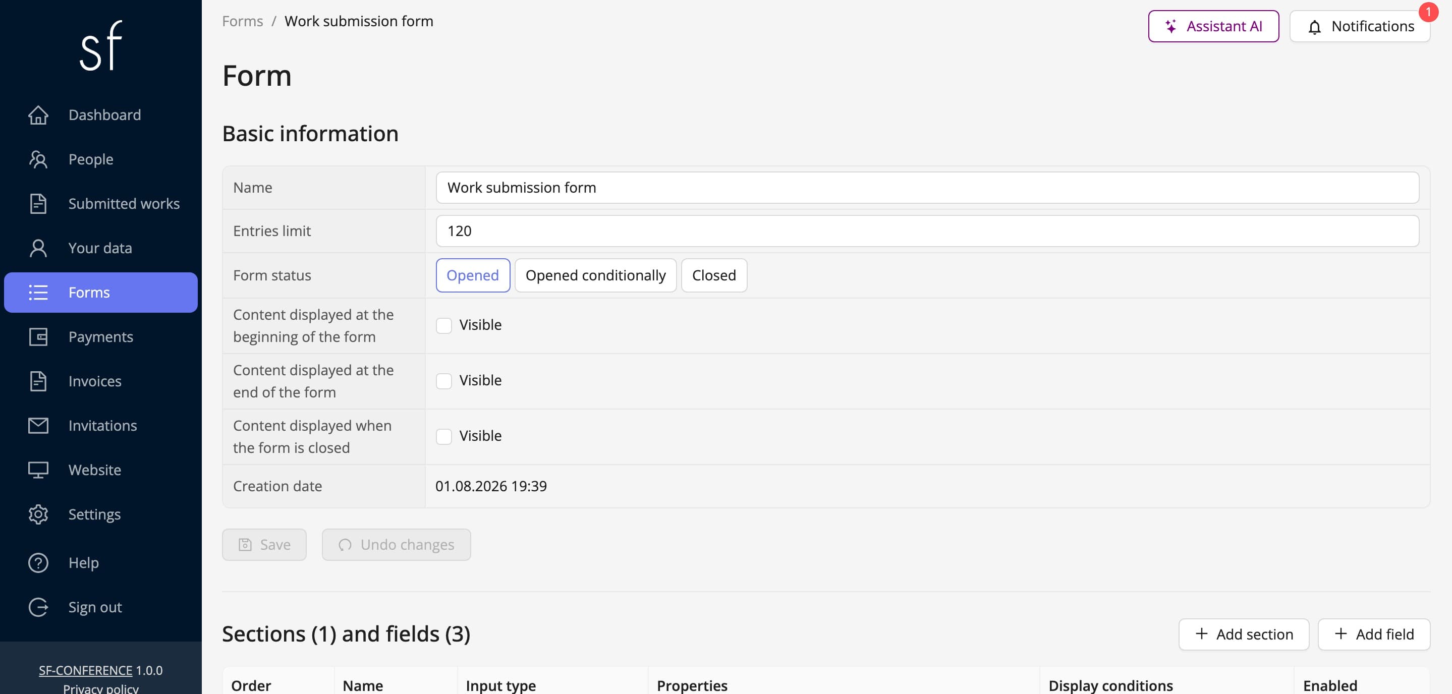 The paper submission form, its fields and the deadline (fictional data)