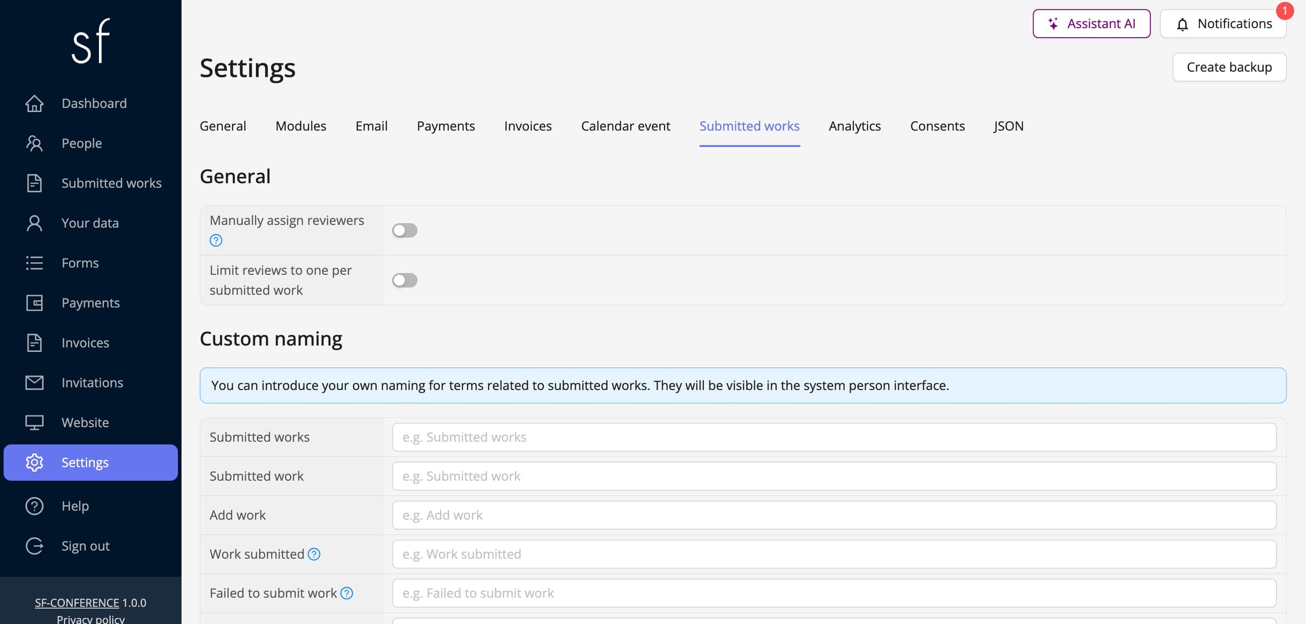 The submissions module settings: naming and review rules (fictional data)