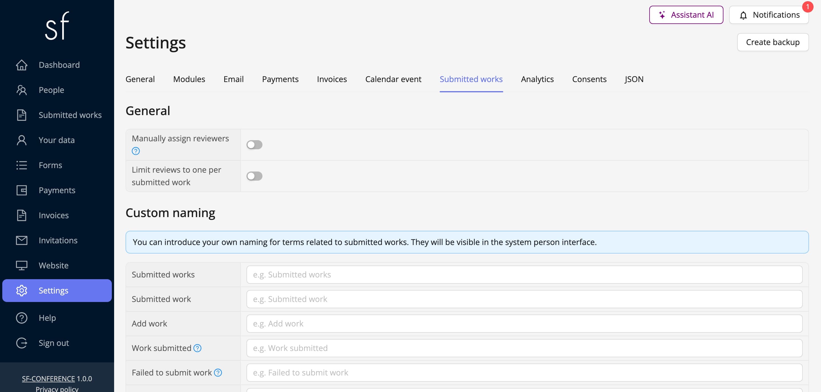 The submissions module settings: naming and review rules (fictional data)