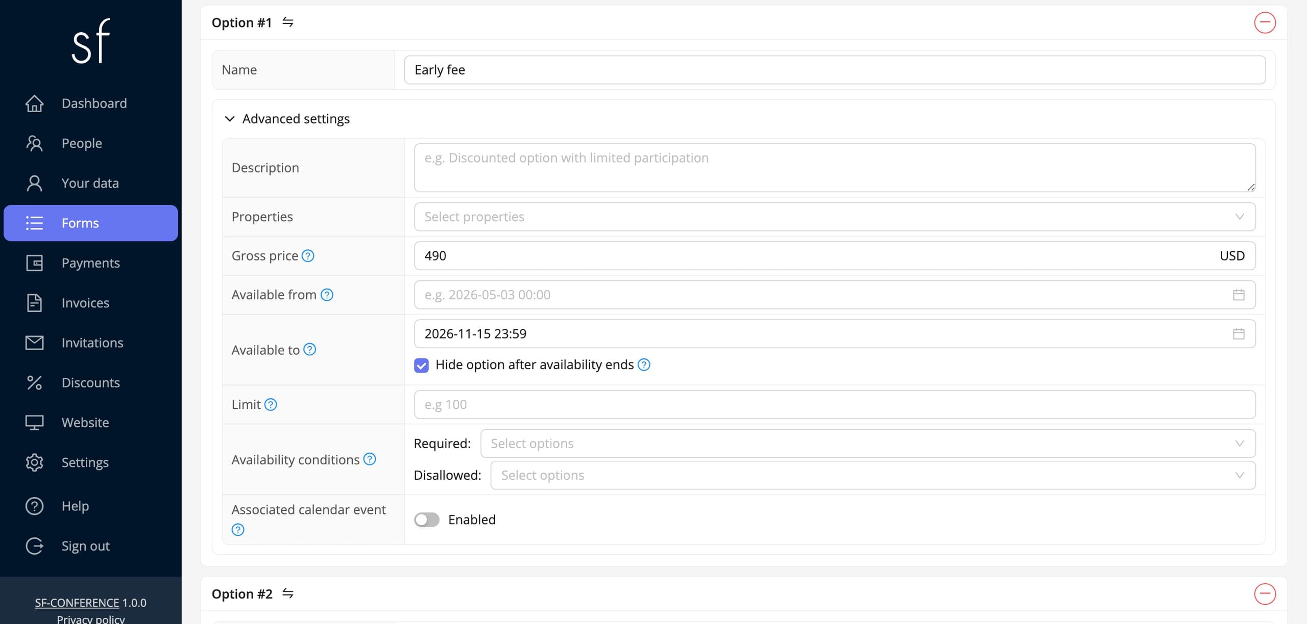 The early-bird option: its availability date and the hide-once-it-ends switch (fictional data)