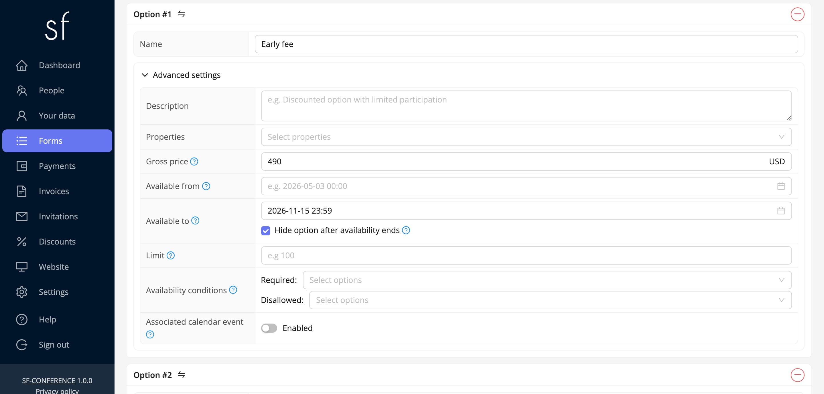 The early-bird option: its availability date and the hide-once-it-ends switch (fictional data)