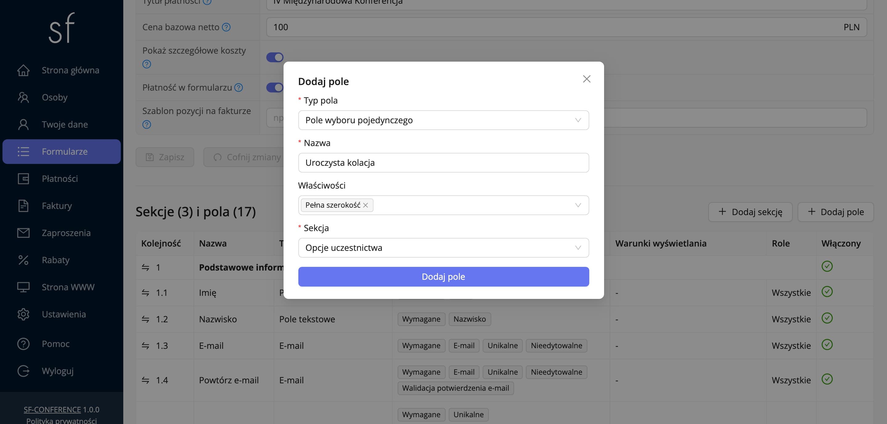 Okno dodawania nowego pola do formularza (dane fikcyjne)