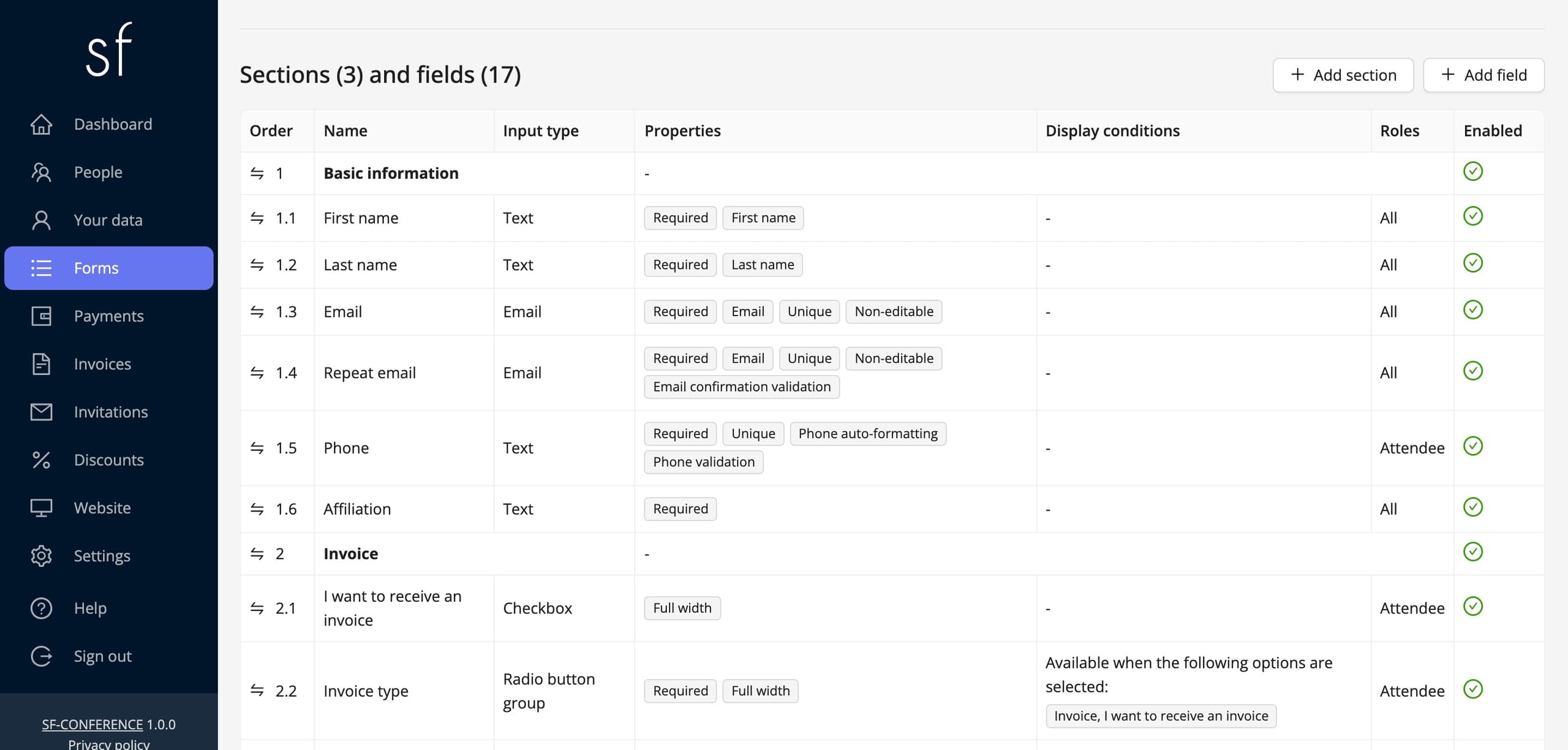 The sections and fields table of the registration form (fictional data)