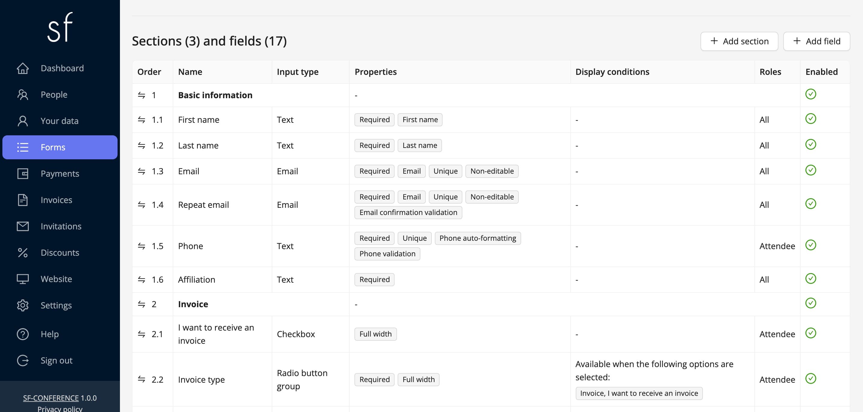 The sections and fields table of the registration form (fictional data)