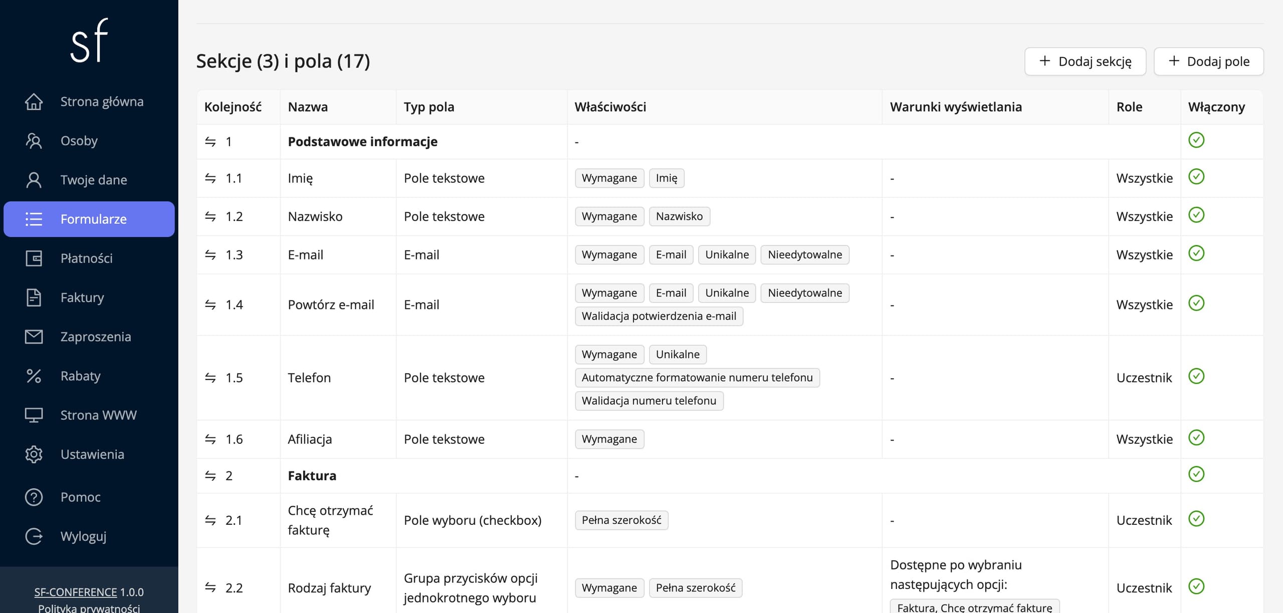 Tabela sekcji i pól formularza rejestracyjnego (dane fikcyjne)