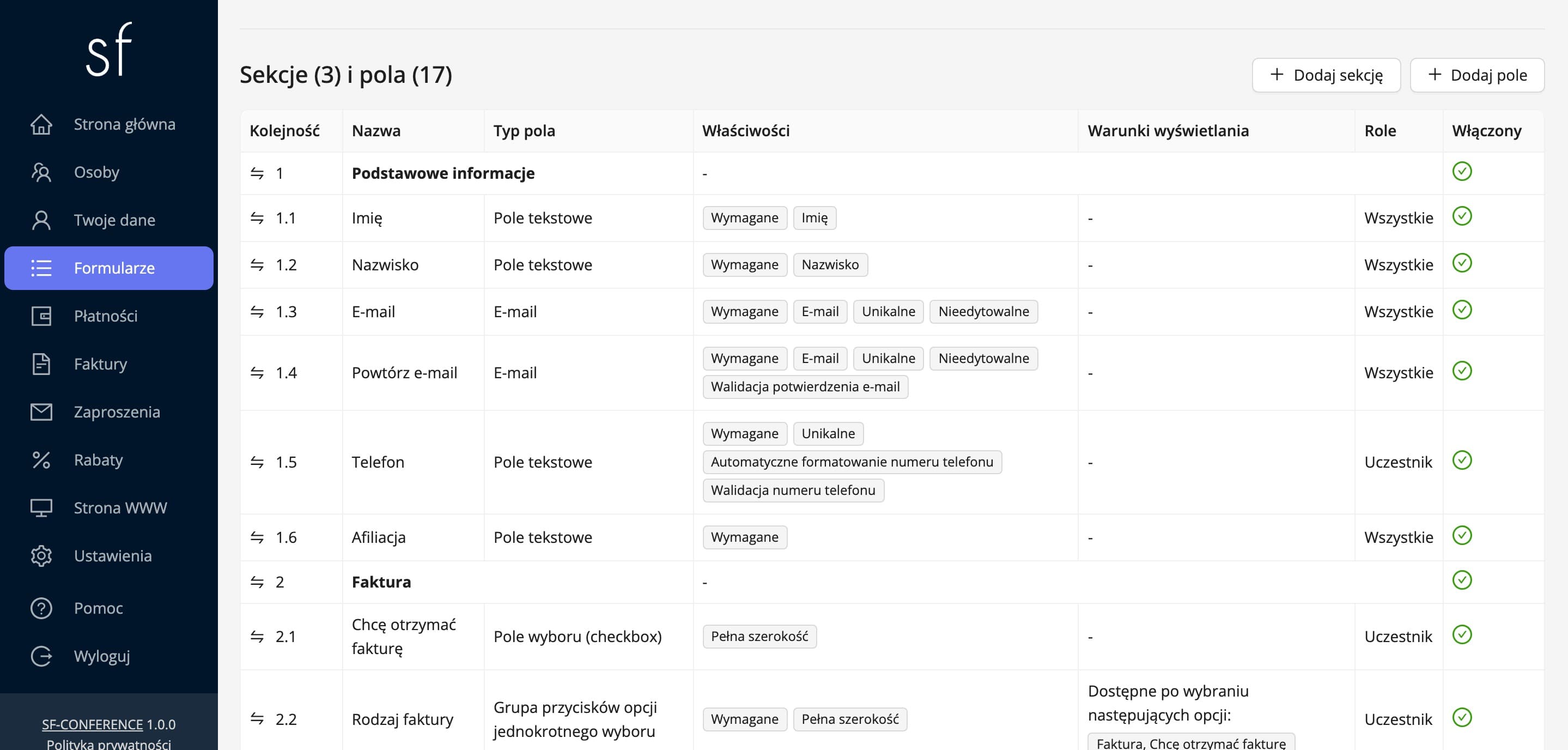 Tabela sekcji i pól formularza rejestracyjnego (dane fikcyjne)