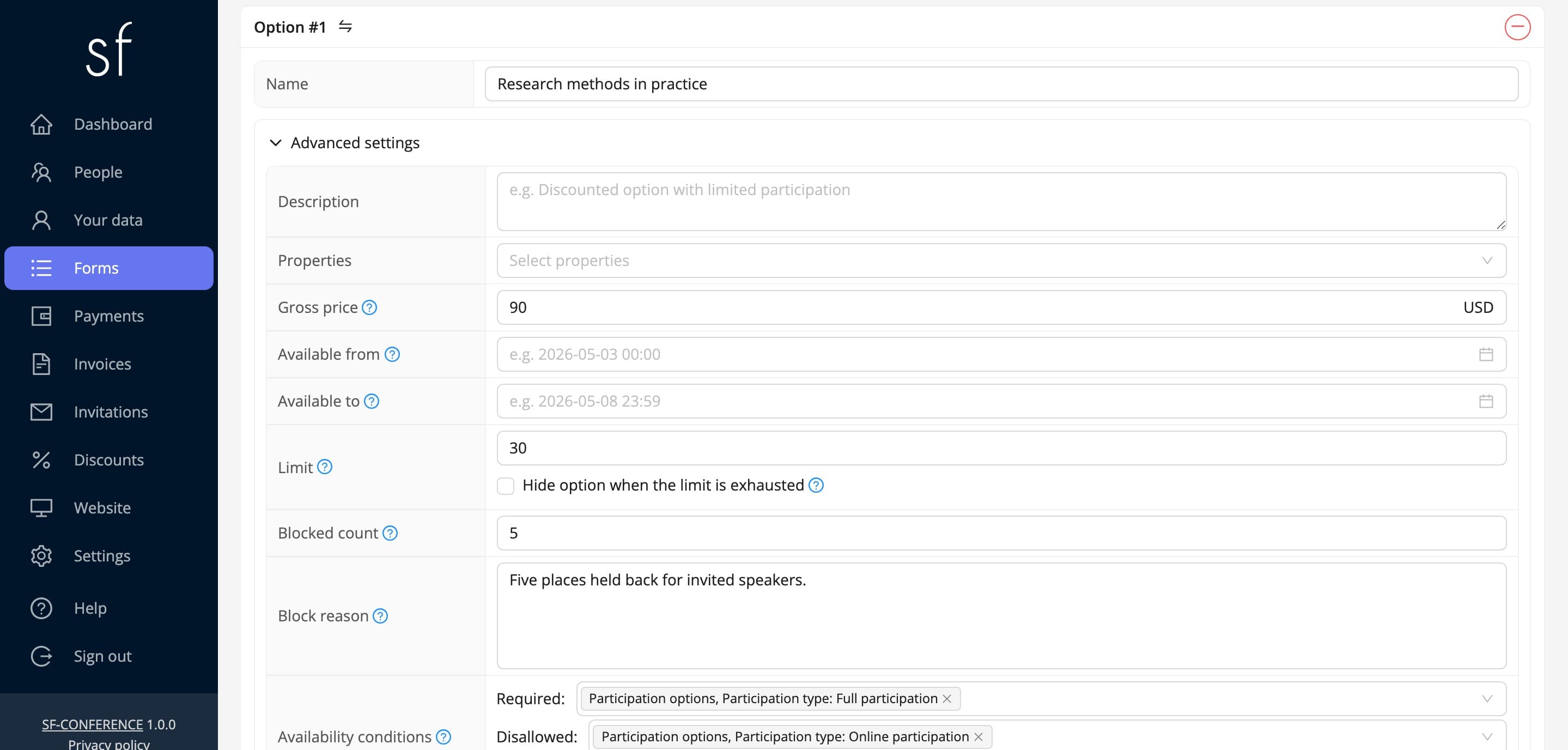 The options of a select field with their advanced settings (fictional data)
