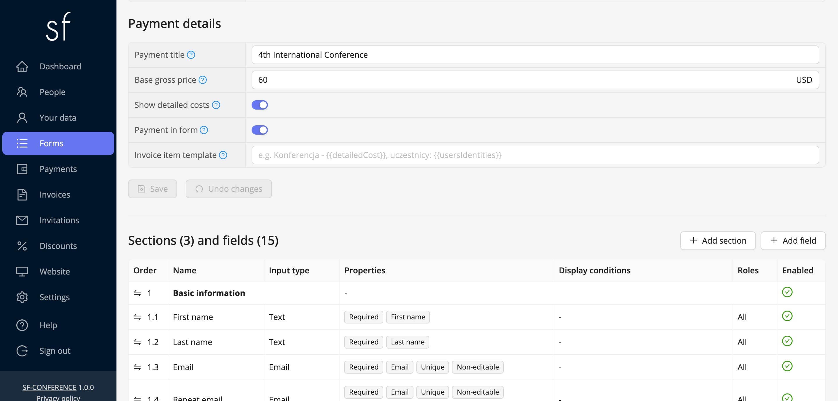 The form's payment details: base price and payment title (fictional data)