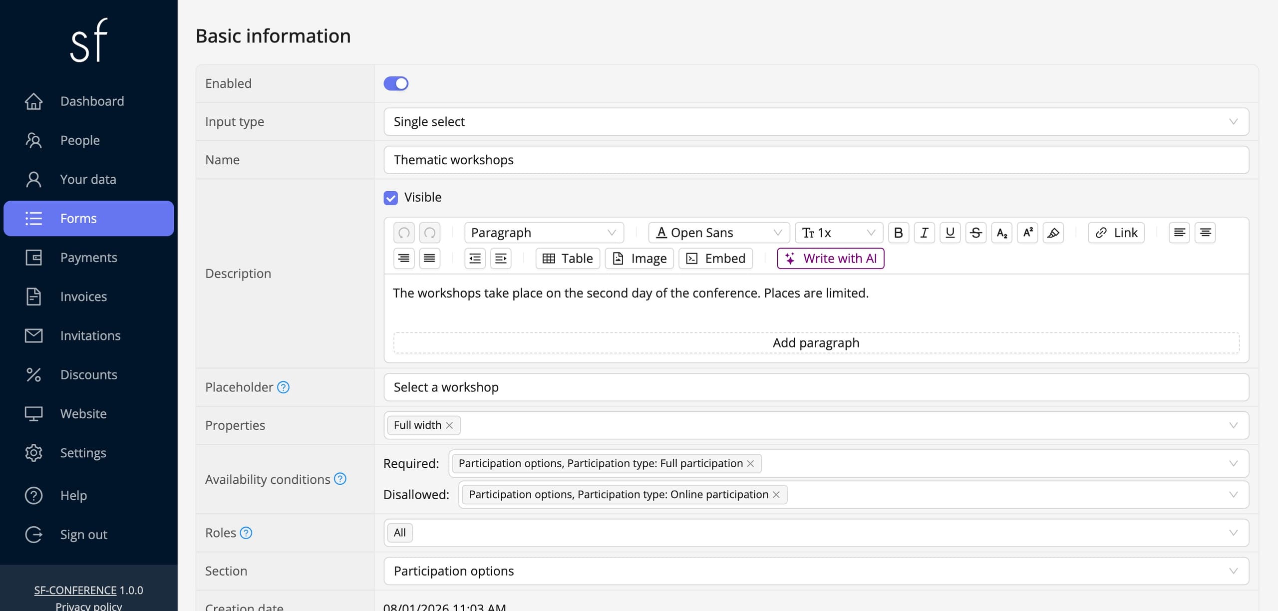 A select field's page: input type, name, description and properties (fictional data)