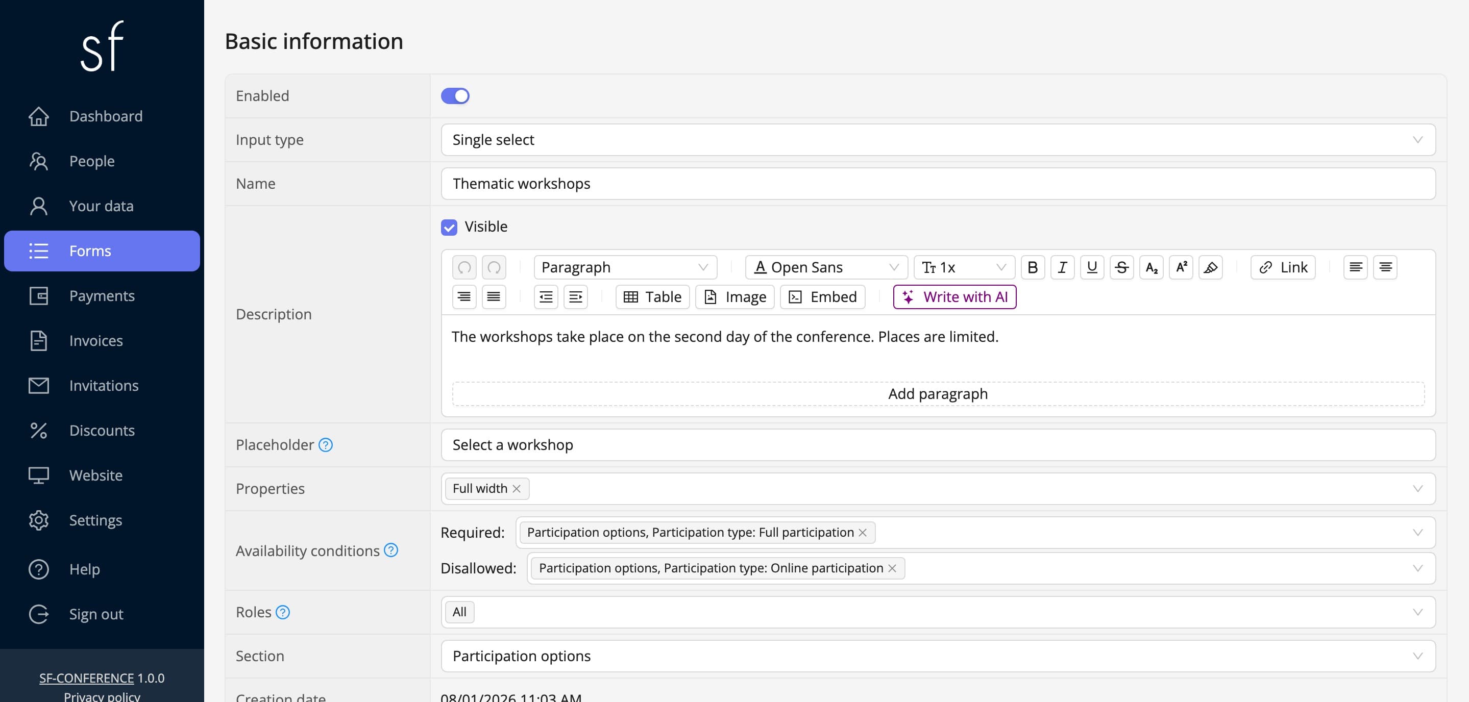 A select field's page: input type, name, description and properties (fictional data)