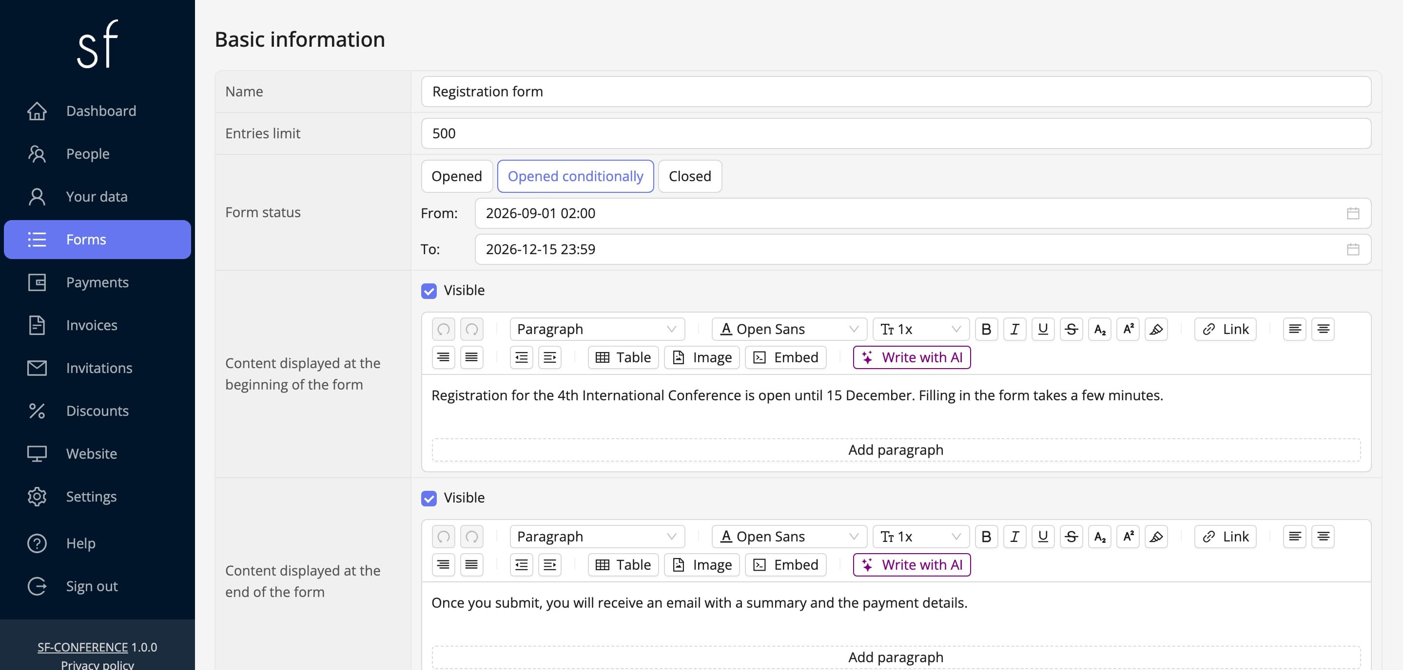 The form status with its open window and entries limit (fictional data)