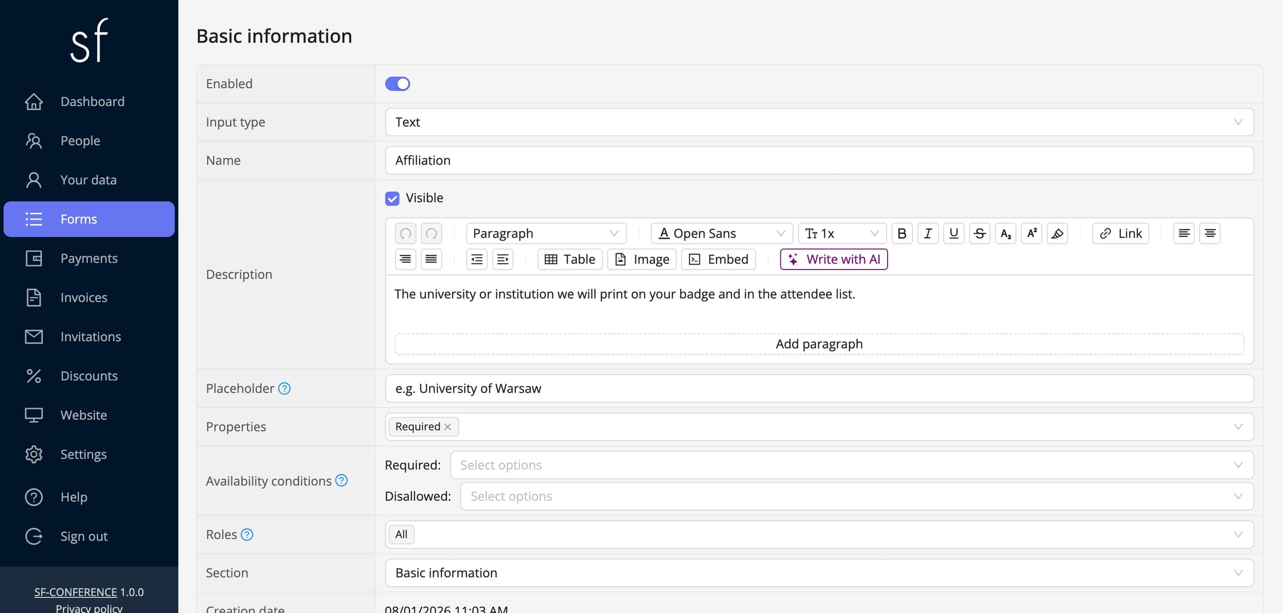 A text field's page: name, description and placeholder (fictional data)