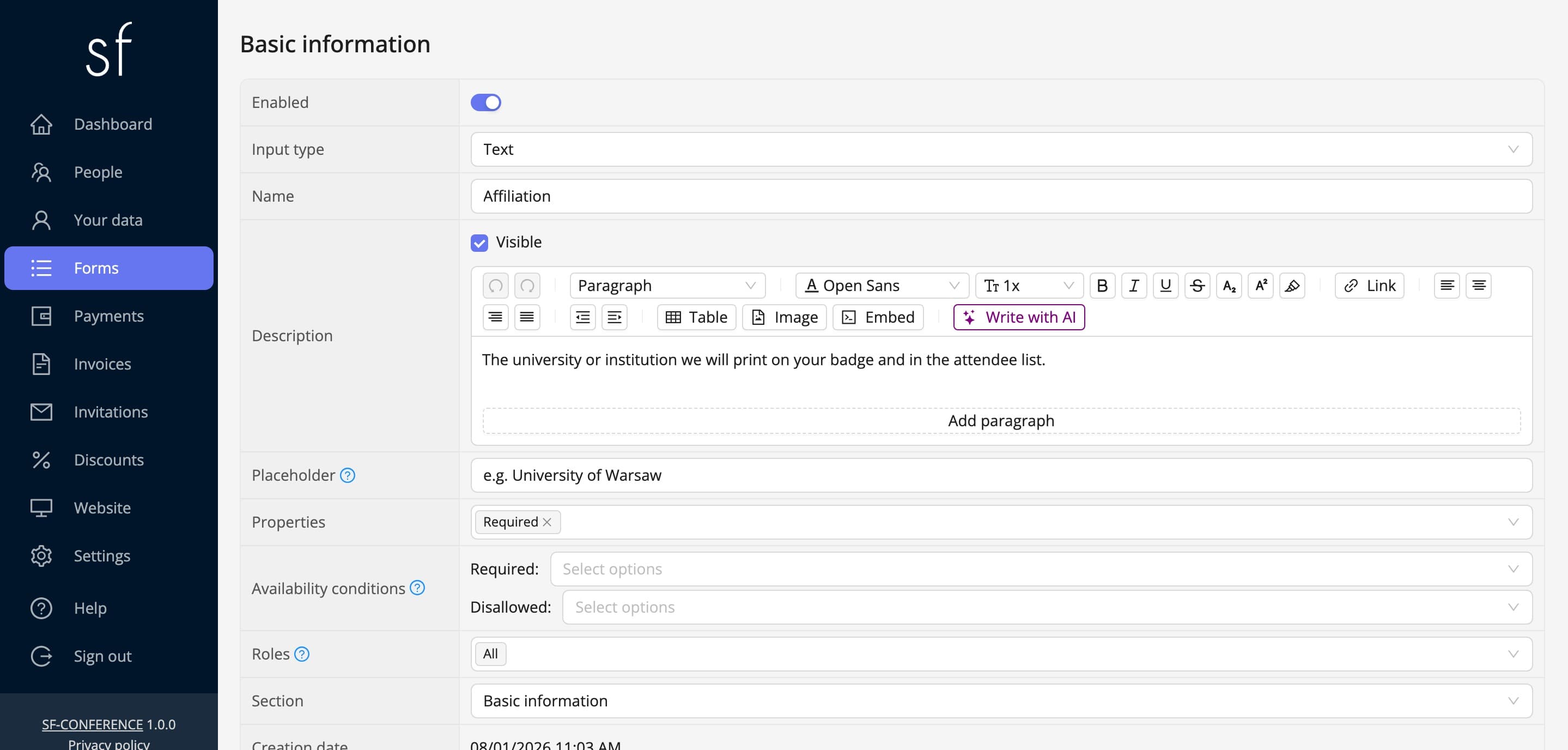 A text field's page: name, description and placeholder (fictional data)